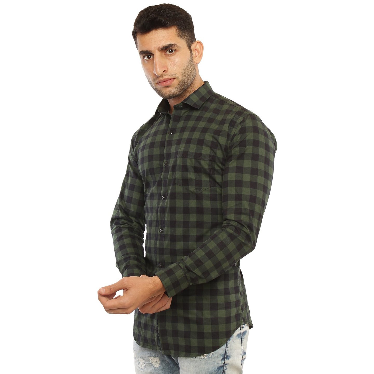 Men's Pure Cotton Checkered Casual Shirt (Green)