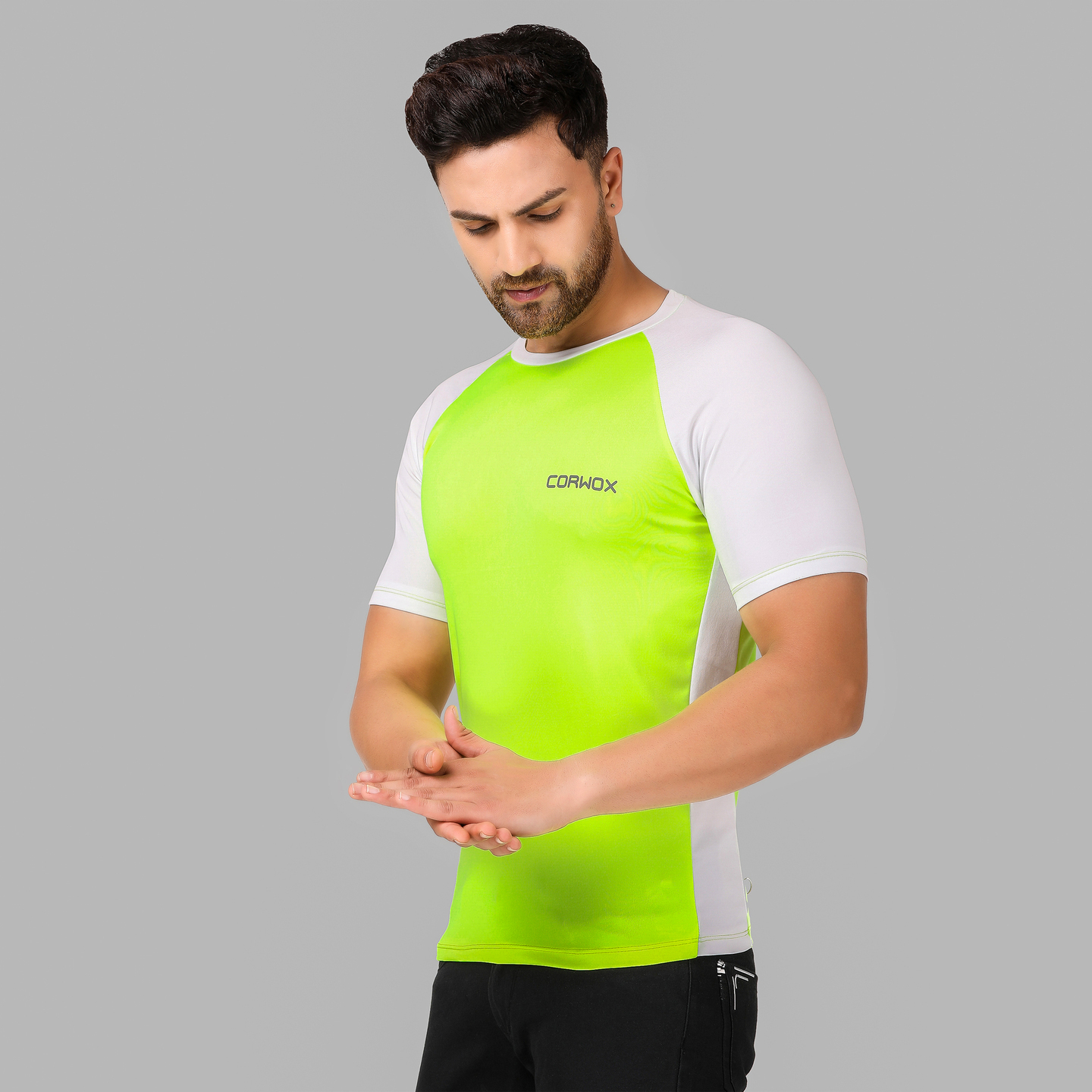 CORWOX Men's Active Neon Green & White Sports Polyester T-Shirt