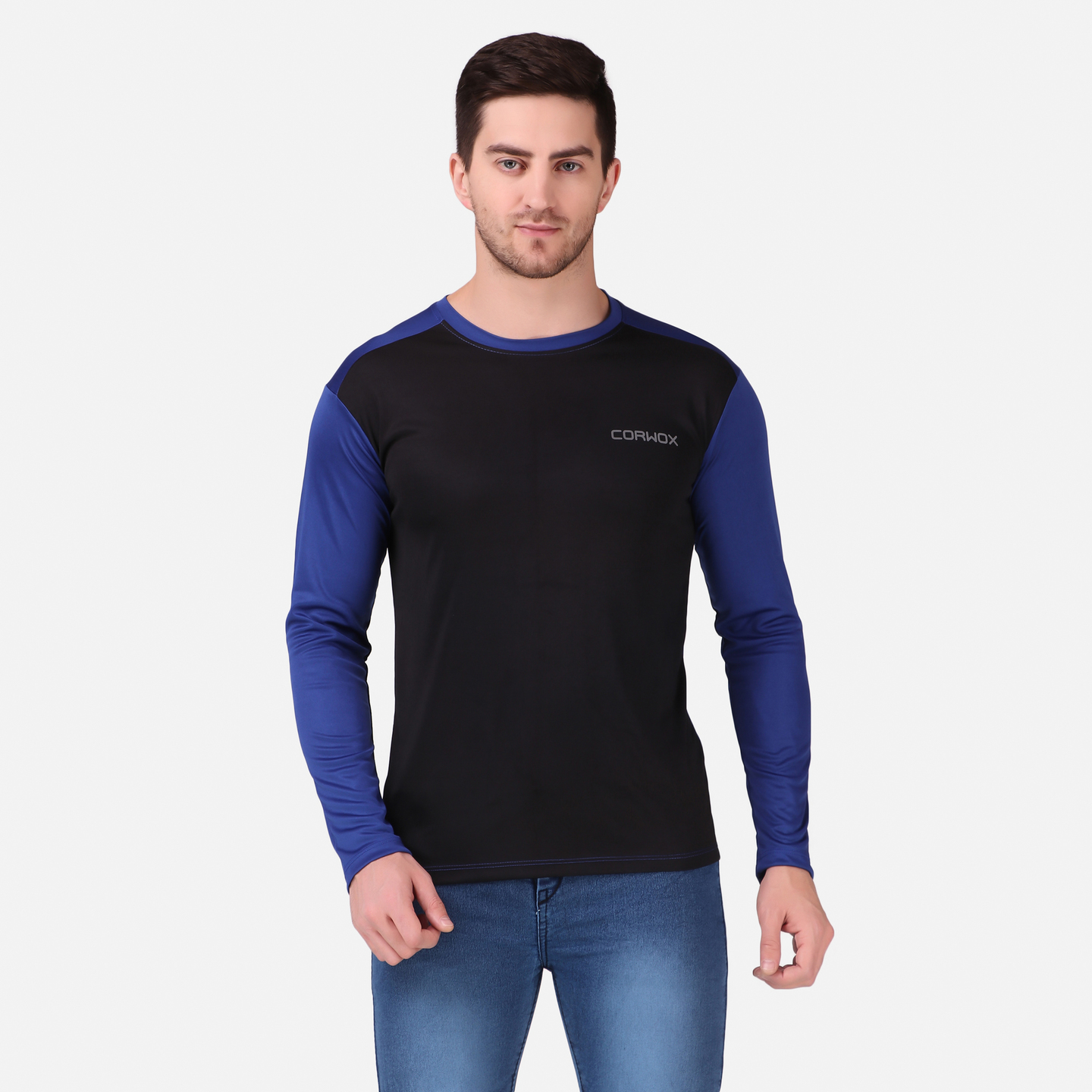 CORWOX Mens Dark Blue & Black Full Sleeves T-Shirt