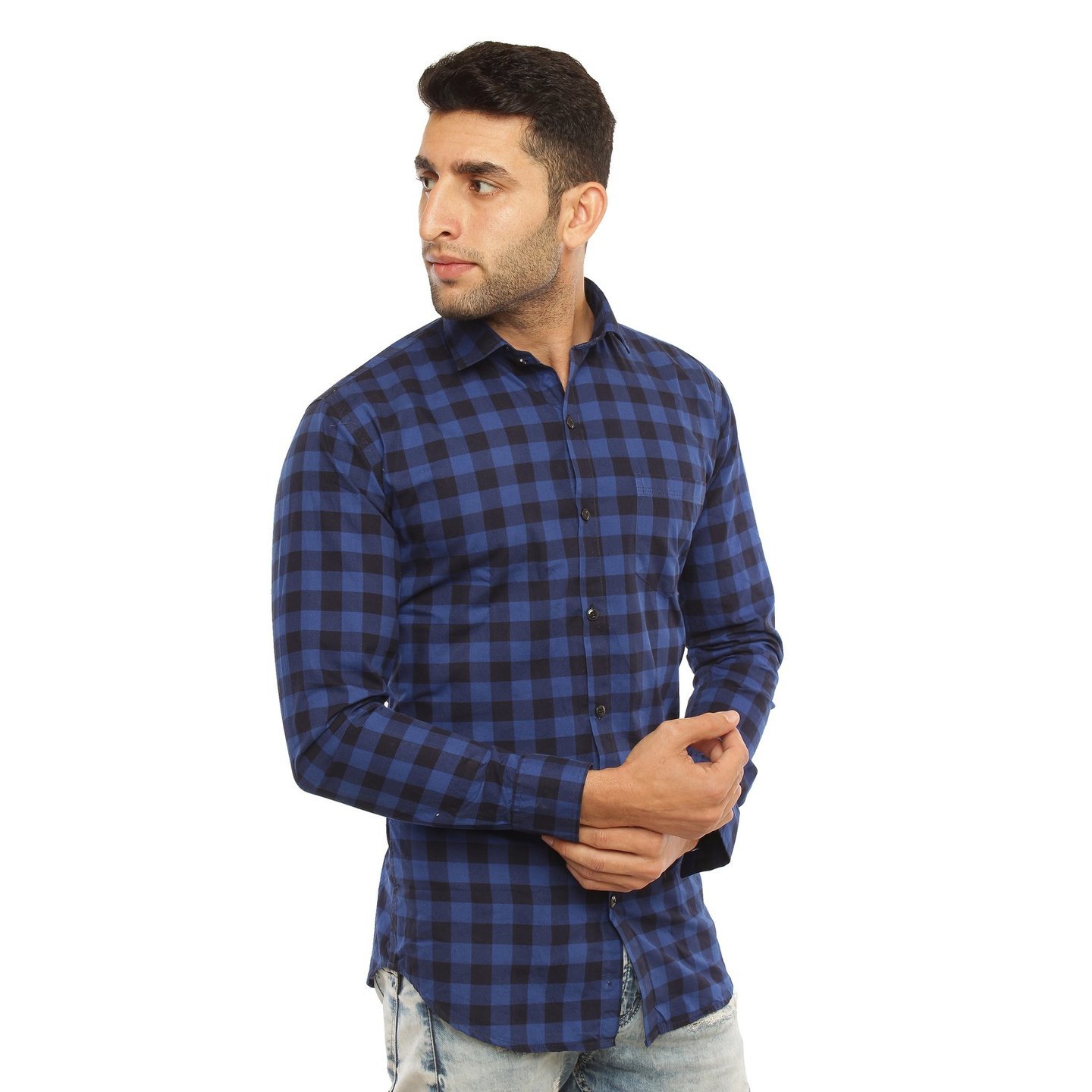 Men's Pure Cotton Checkered Casual Shirt (Blue)