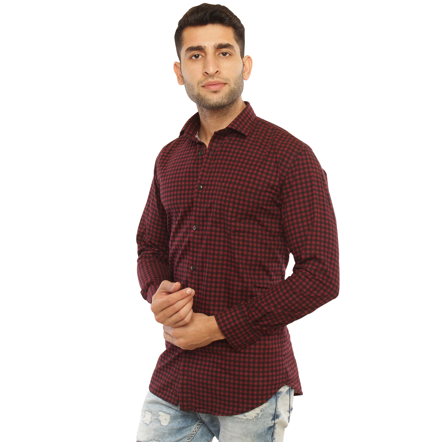 Men's Pure Cotton Checkered Casual Shirt (Maroon)