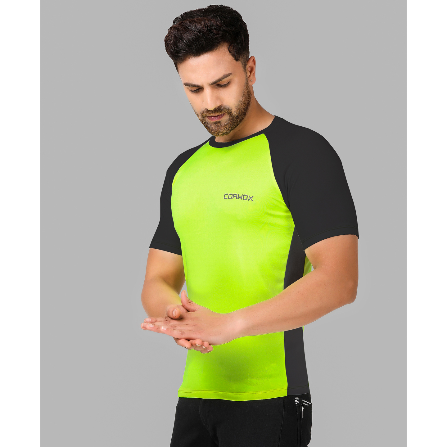 CORWOX Mens Active Neon Green & Black Sports Polyester T-Shirt