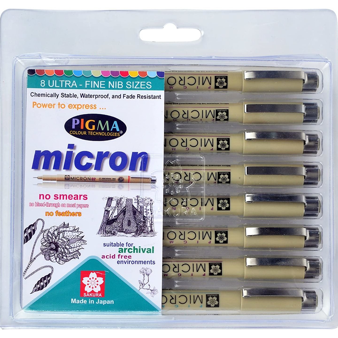 Sakura Pigma Micron Fine Line Pens - Set Of 8 Assorted Nibs In Black Colour