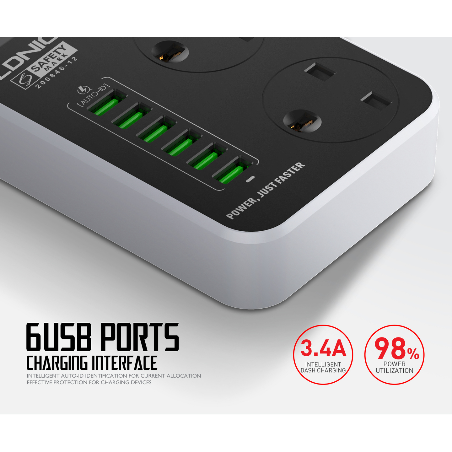 [GENUINE] LDNIO SK3662 Power Socket with UK 3 Pin + 6 USB Charger 5V 3.4A Surge Protector 2 Meter Power Extension for iPhone Samsung Huawei Oppo Vivo Xiaomi(Black)