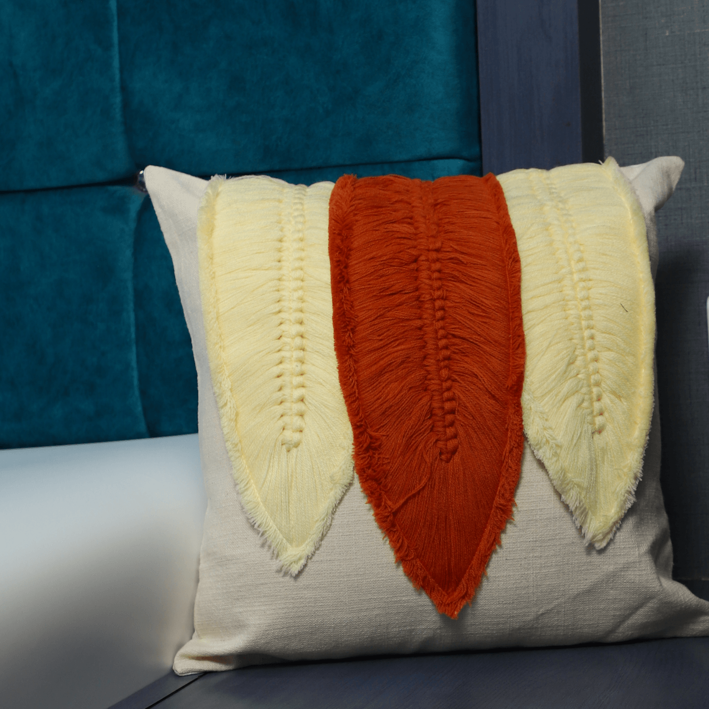 Peaches Design Studios Handmade Thread Work Pure Cotton Cushion Cover-Leaf Shape 16x16 Single Piece