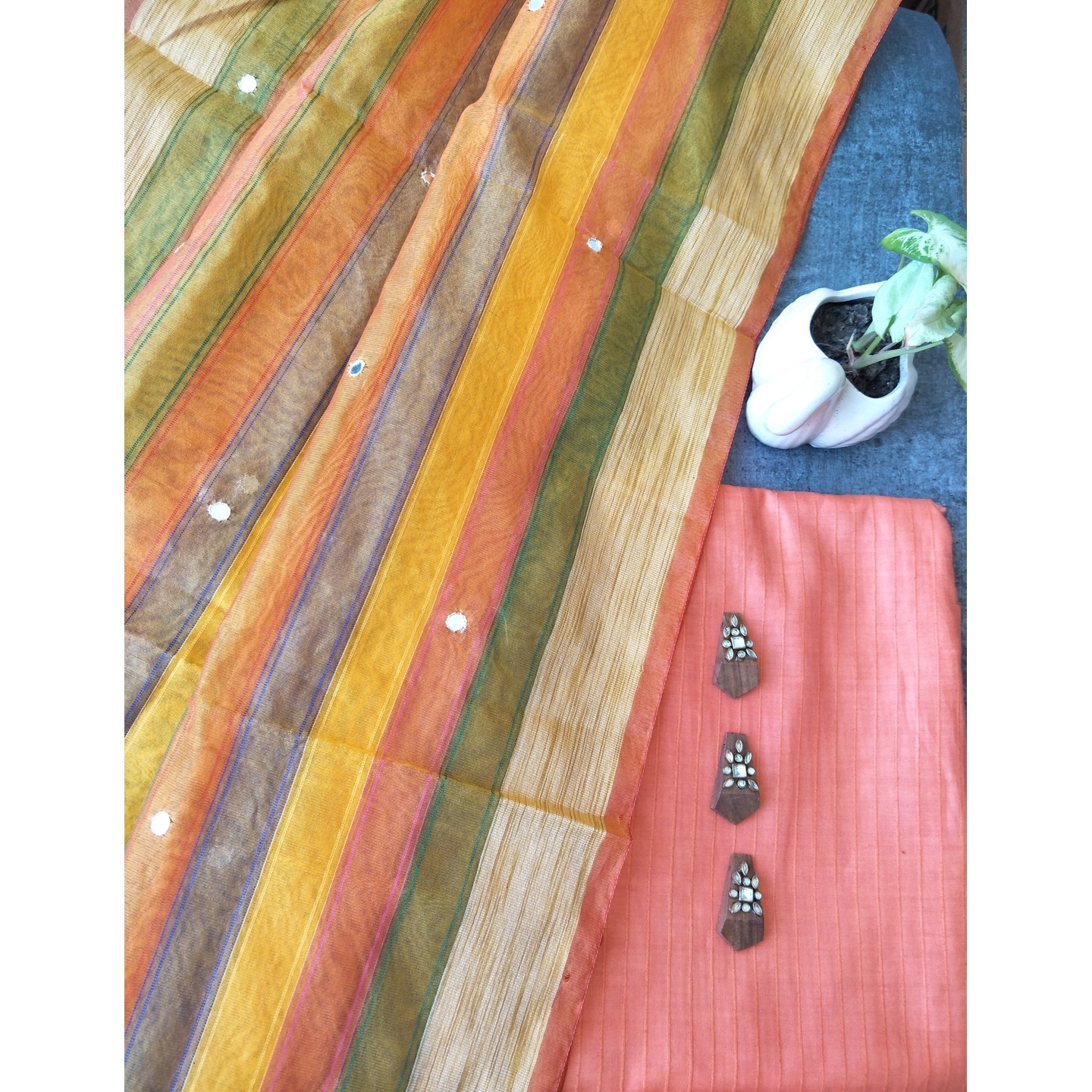 Cotton Silk with multicolour  dupatta and buttons