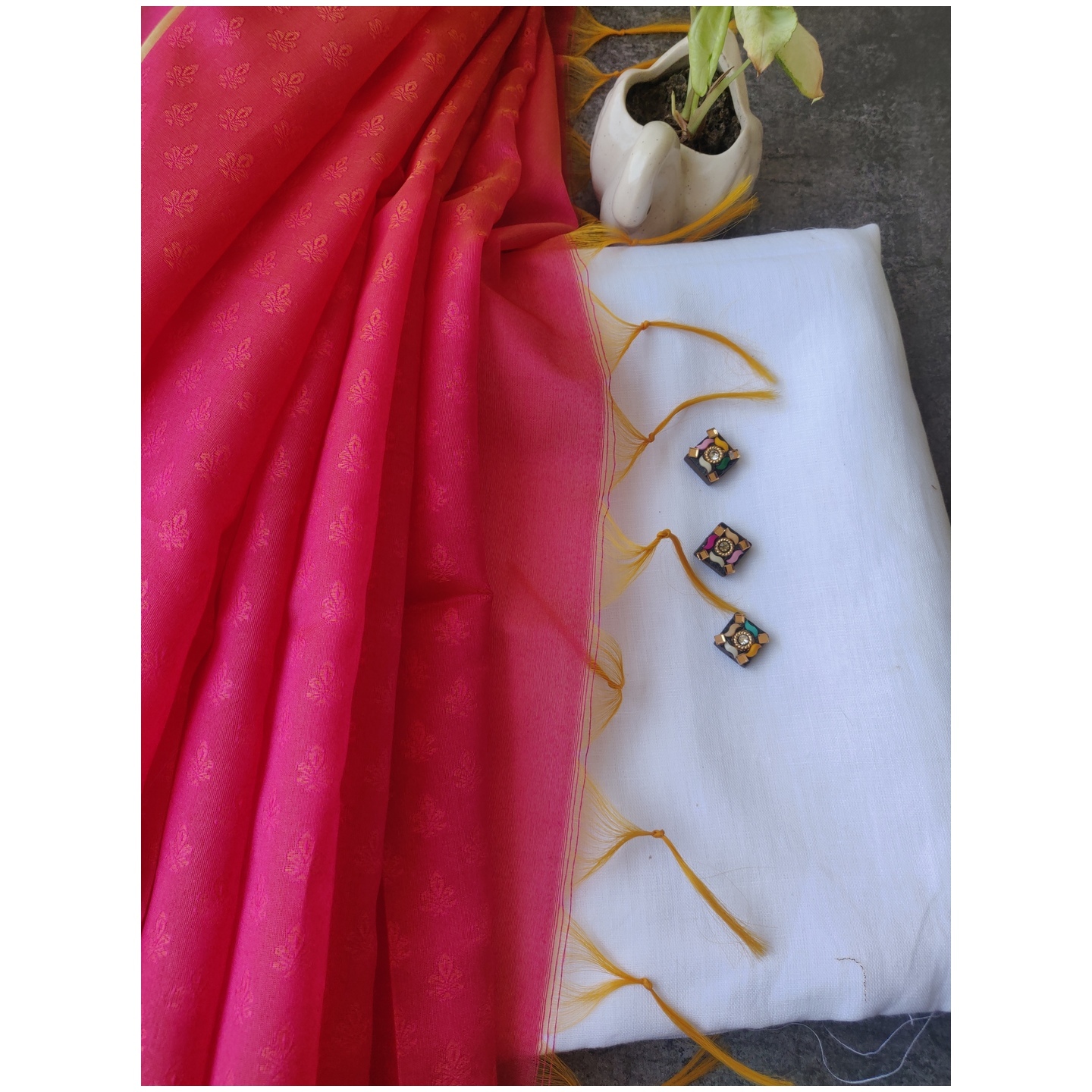 Pure white linen with pink  dupatta & buttons