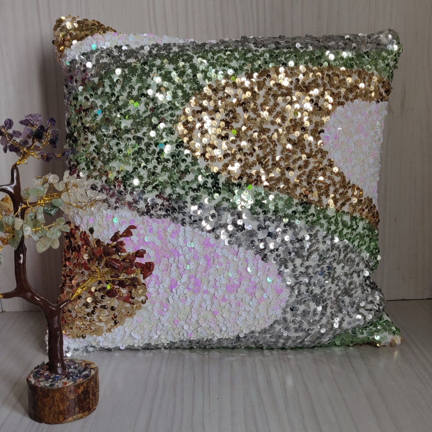 Pastel multicolour Sequins work on Cushion Cover