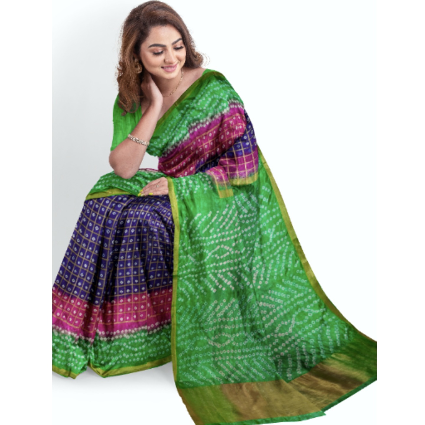 Double Bandhani Silk Saree - Purple Pink Green