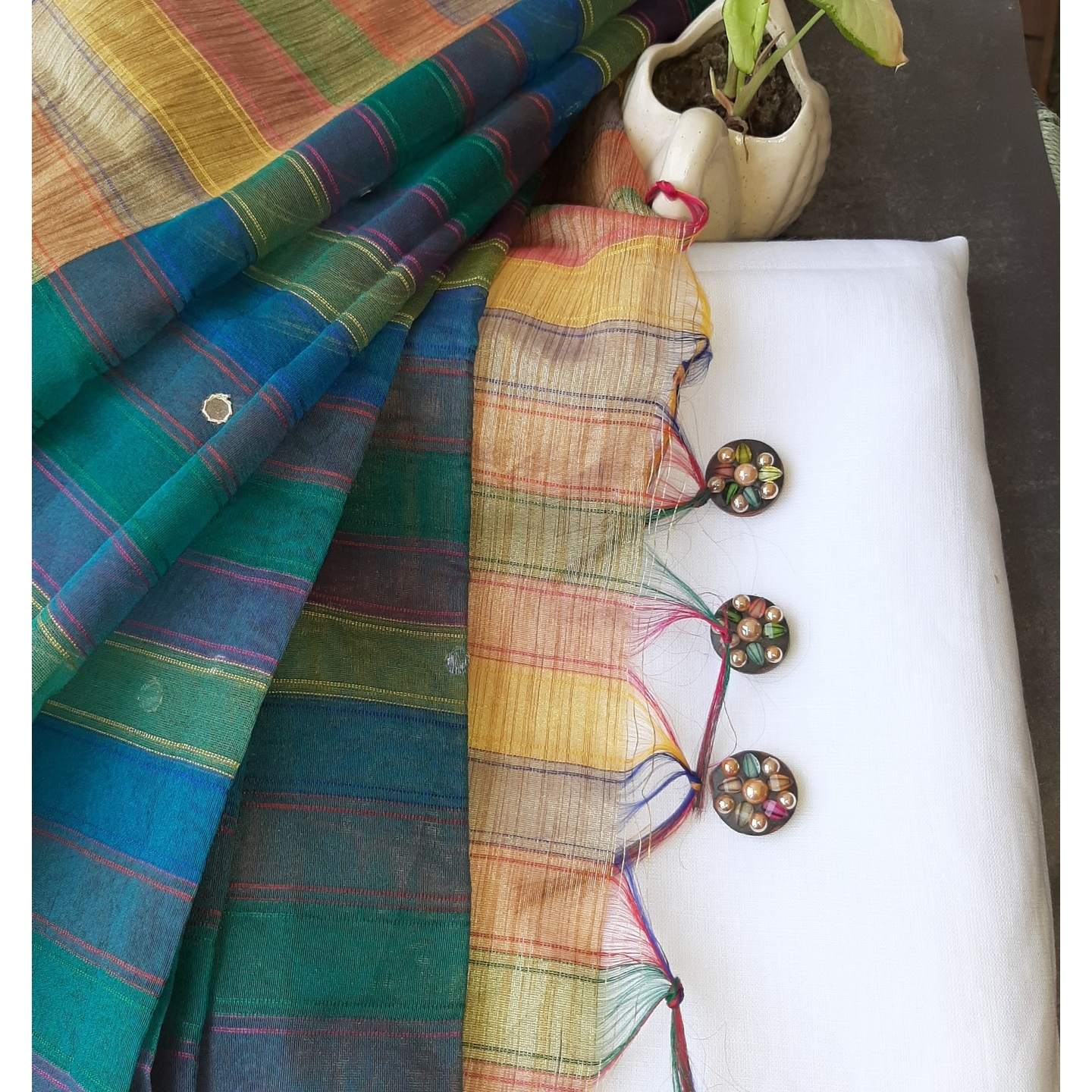 Pure white linen with multicolor dupatta & buttons
