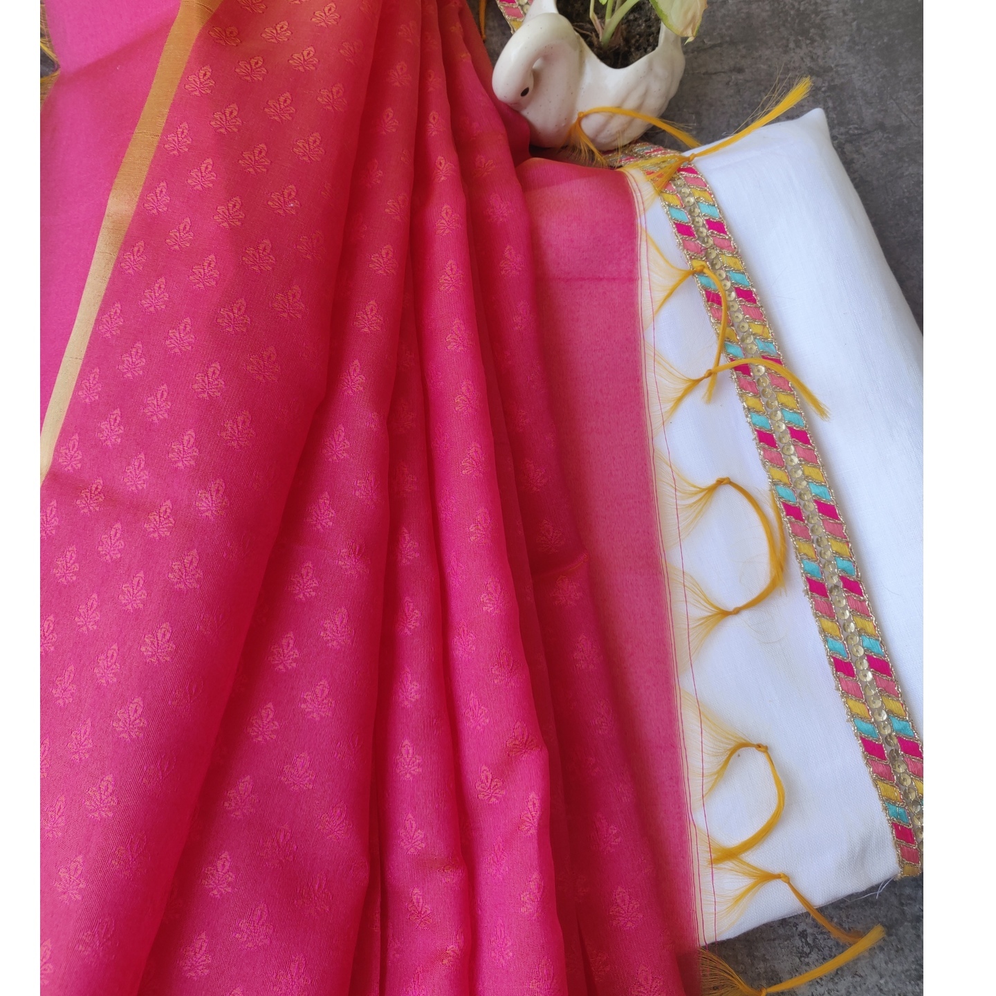 Pure white linen with pink  dupatta & lace