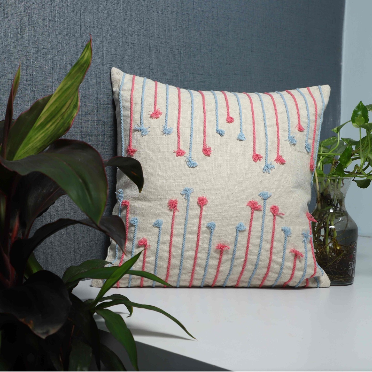 Handmade Thread Work Pure Cotton Cushion Cover- String Design Blue and Pink 16x16 (Single Piece)