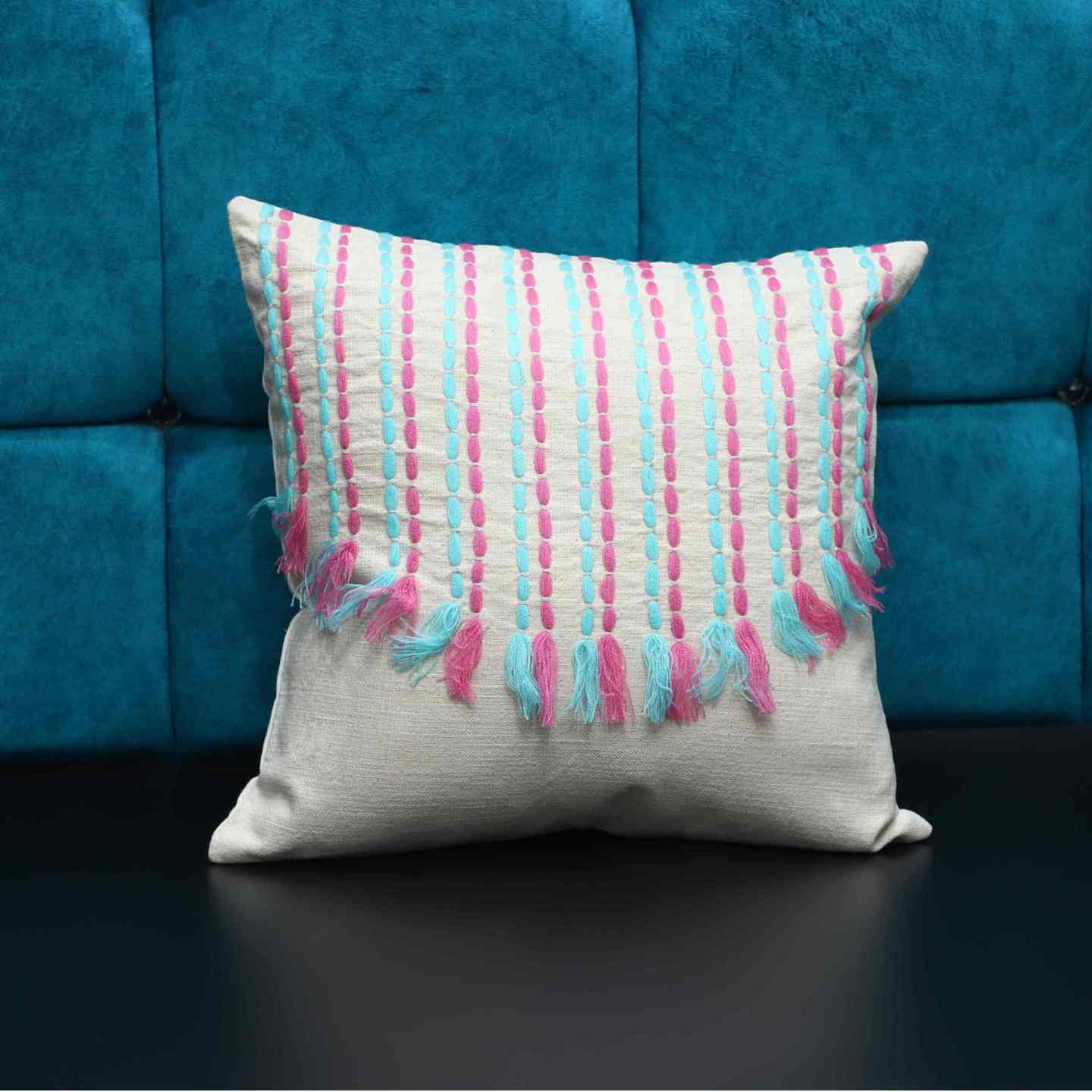 Handmade Thread Work Pure Cotton Cushion Cover -Blue & Pink -16x16 Single Piece