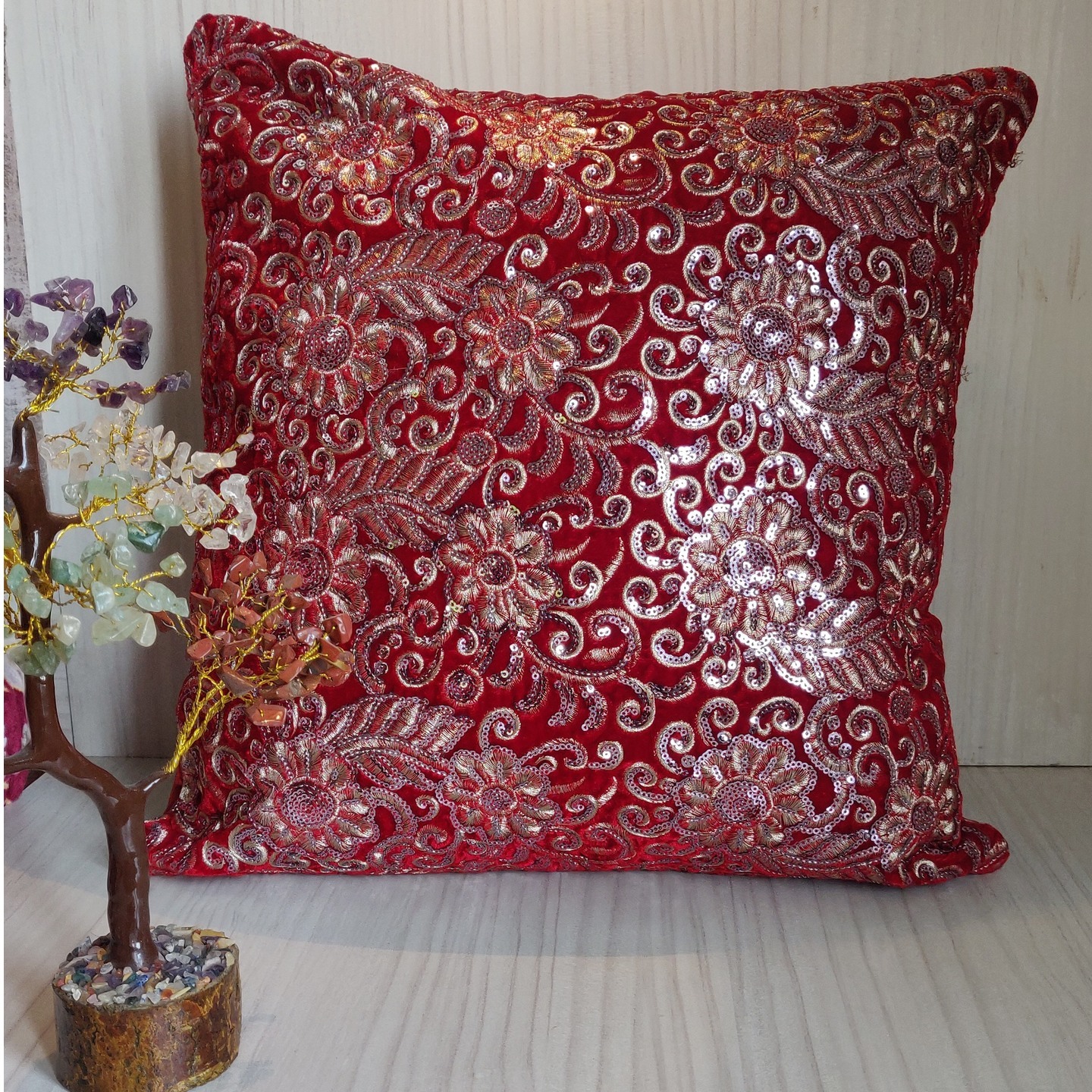 Maroon and Silver Embroidery Cushion Cover