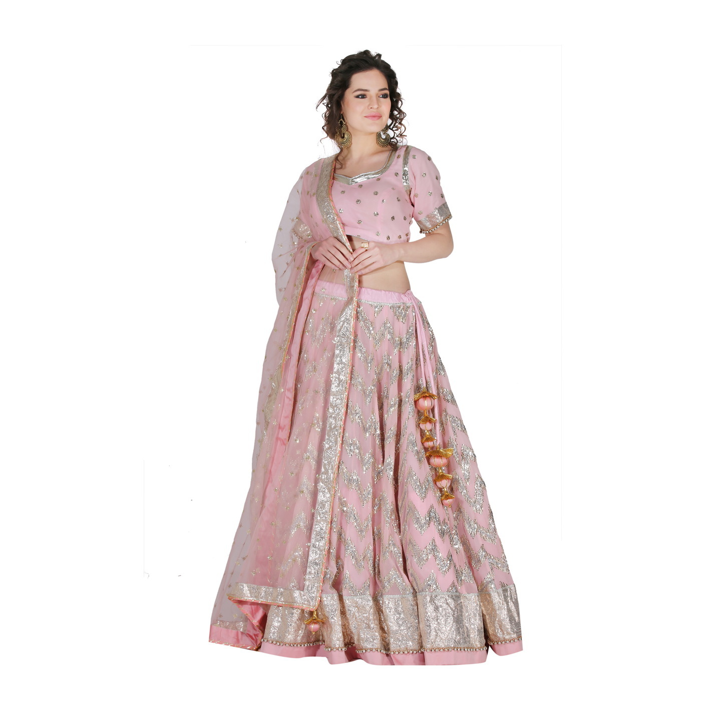 Baby-pink georgette lehenga in Chevron embroidery is in dual colours RMS2227