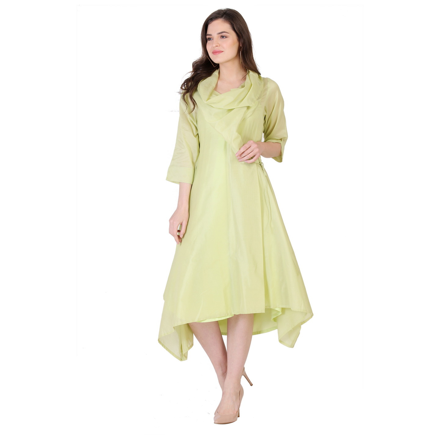 Soothing Apple-Green Calf-length Cowl-Neck dress RMS748