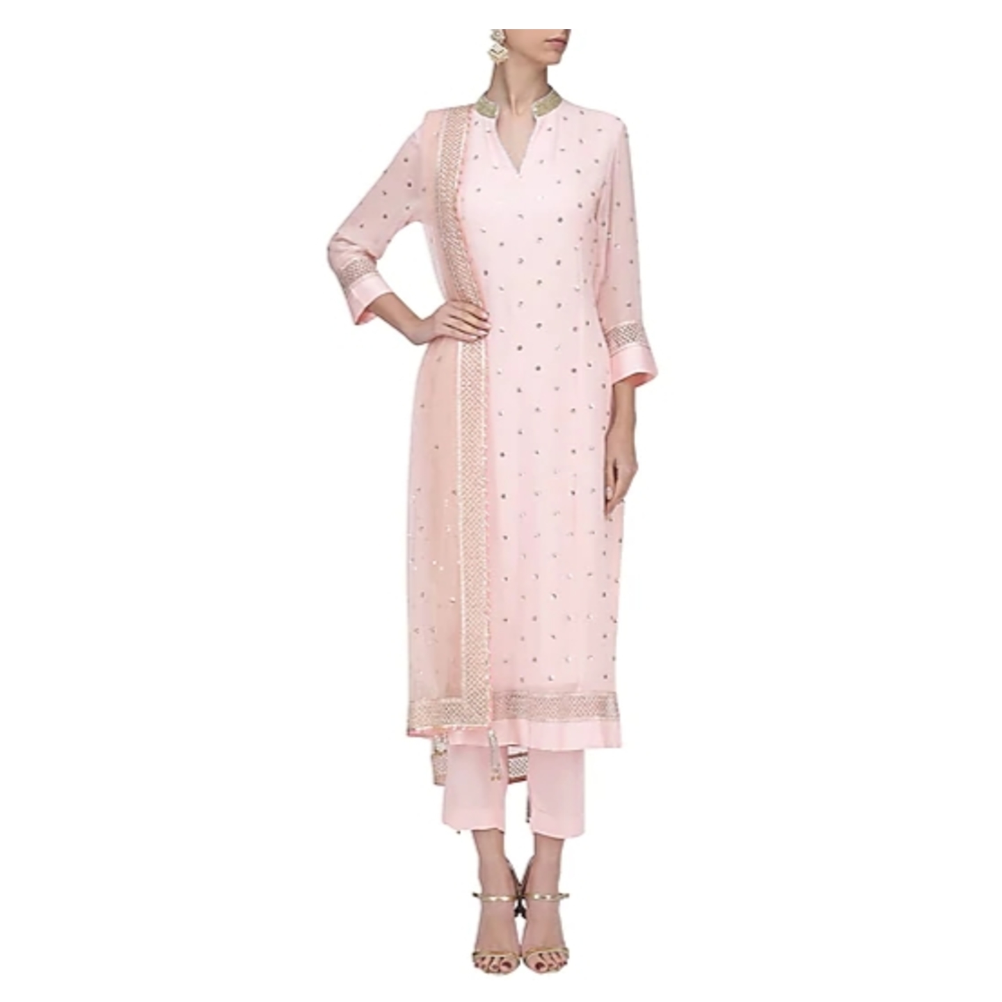 Pale Pink Sequins Embroidered Kurta with Pants Set RNGC09021807