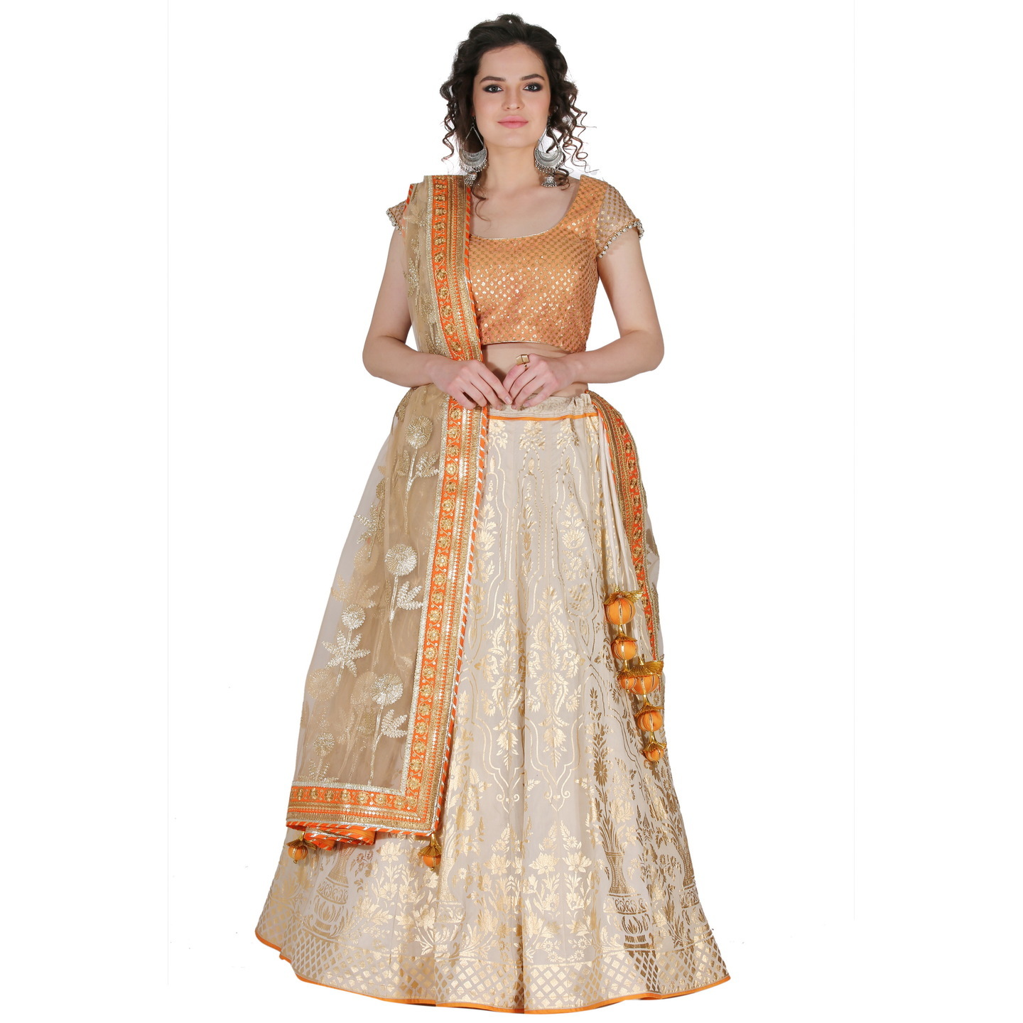 Cream-n-gold Chanderi-Silk lehenga with hand-done exquisite Gold foil work RMS2248