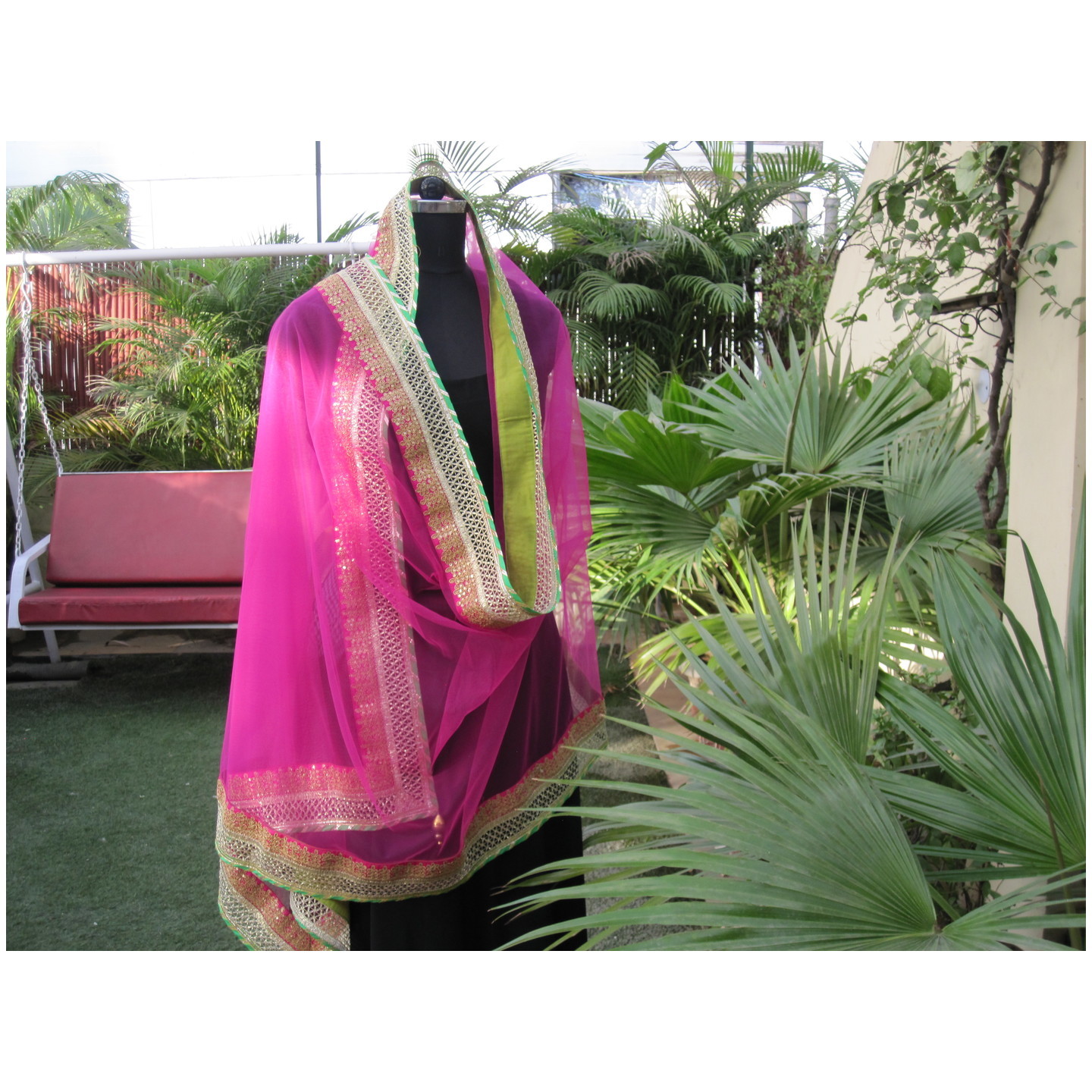 Pink Net dupatta with delicate Pink n gold embroidery