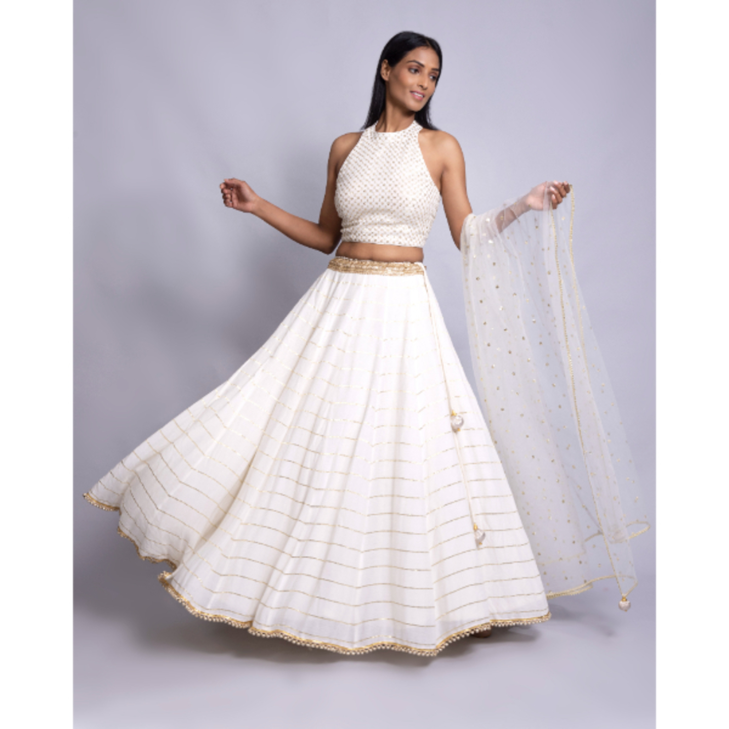 LONG SKIRT WITH HALTER-SLEEVED BLOUSE AND DUPATTA SET