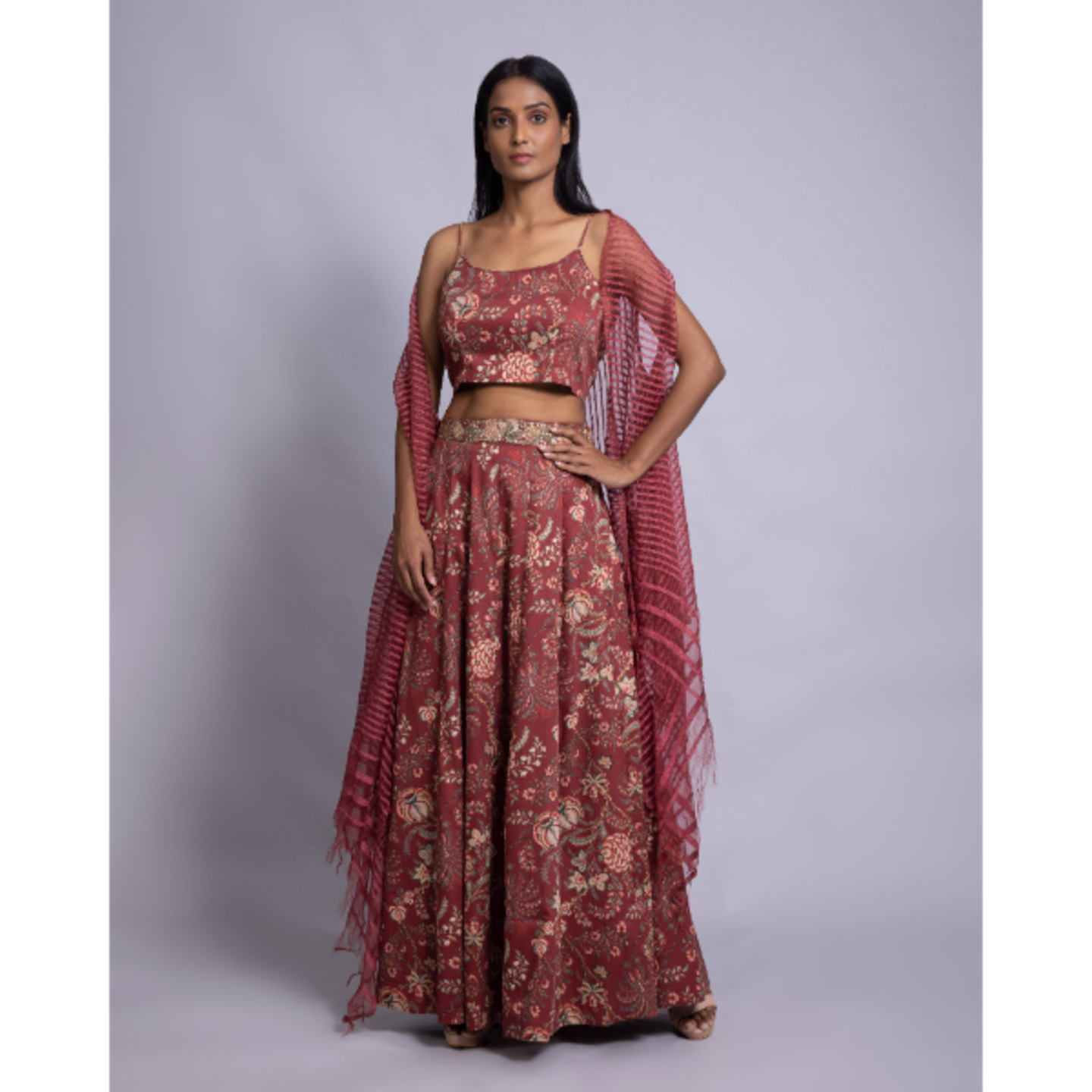 Long Skirt with crop-top and Cape set Stylish MAROON coloured Skirt set.