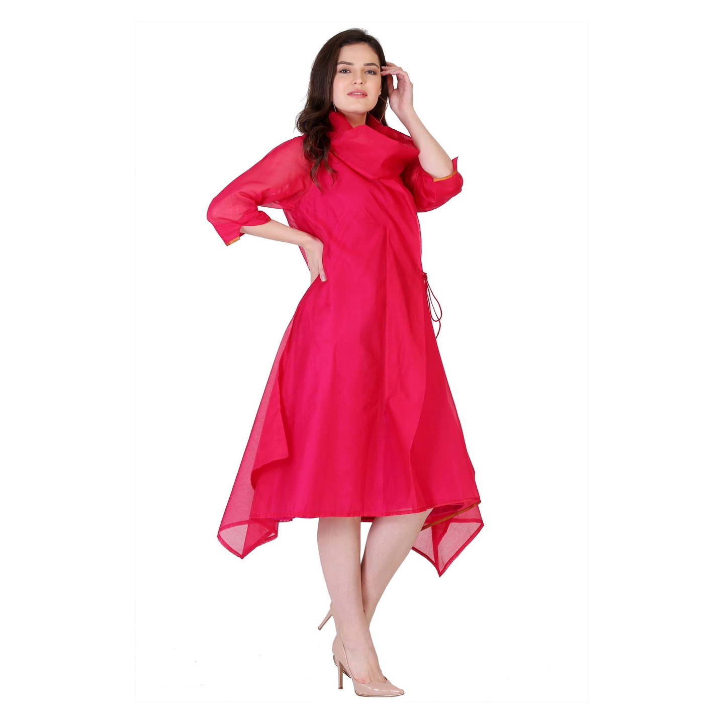 Vibrant Deep-Magenta Pink coloured Calf-length Cowl-Neck dress RMS759