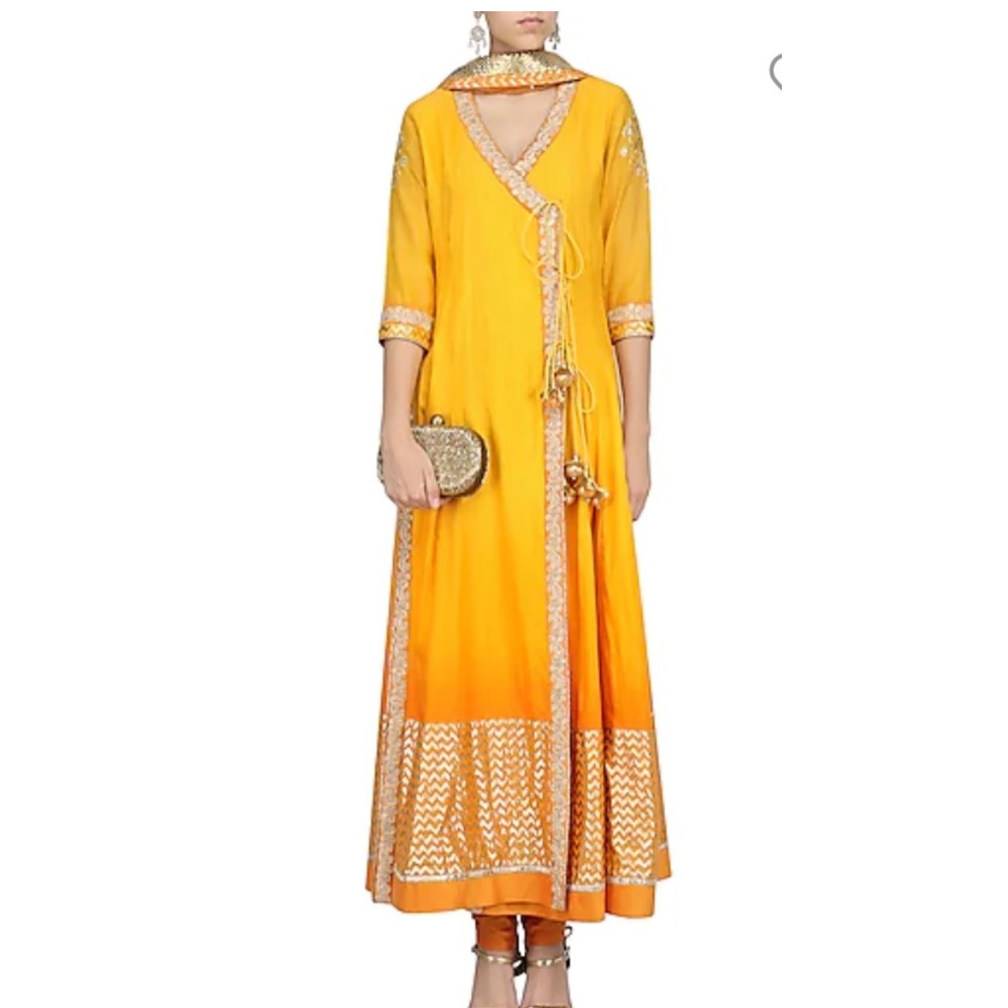 Sunflower yellow Angarakha set in Chanderi-Silk. Product Code - RMS573