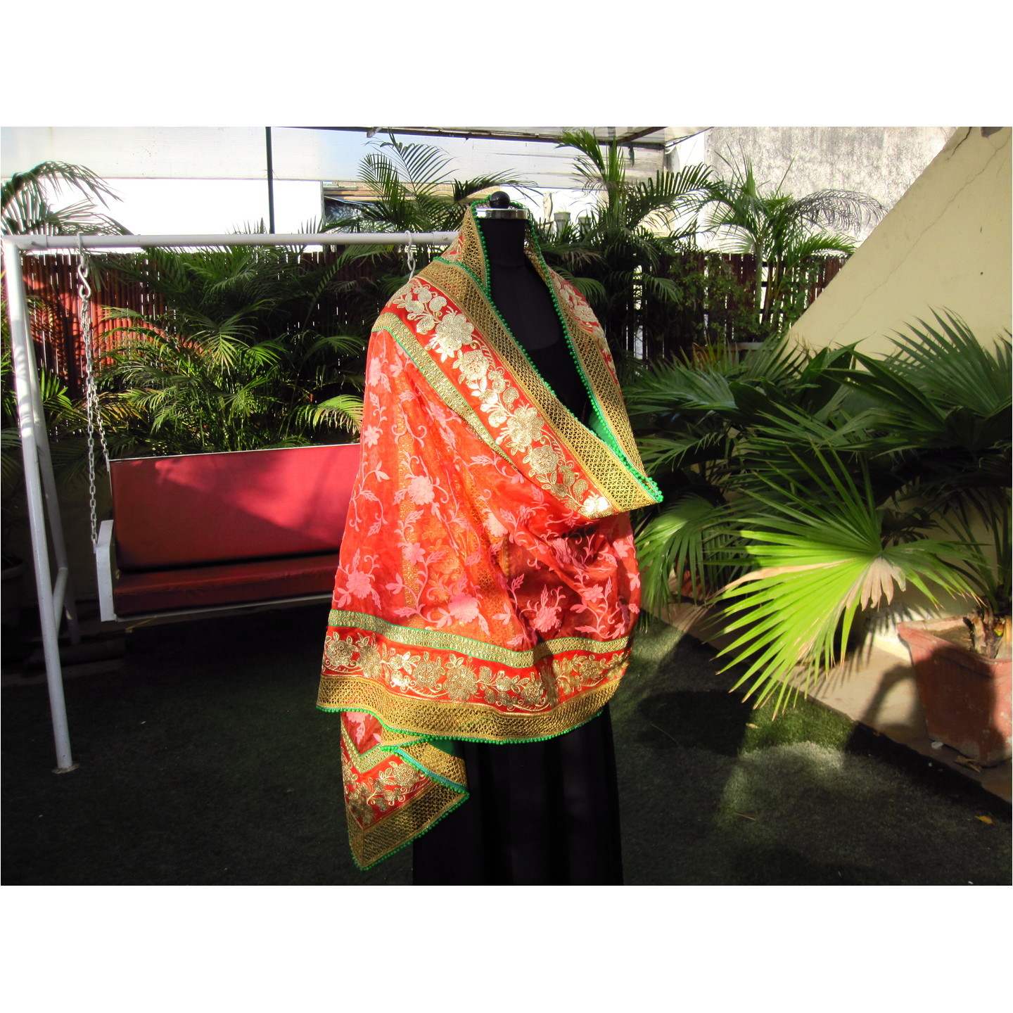 Heavy Tangerine colour organza narrow dupatta