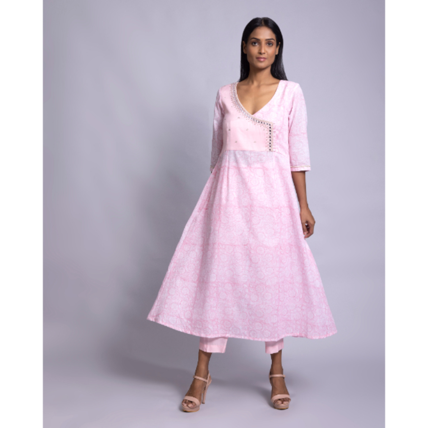 Hand embroidered Baby-pink kurta with lowers and dupatta