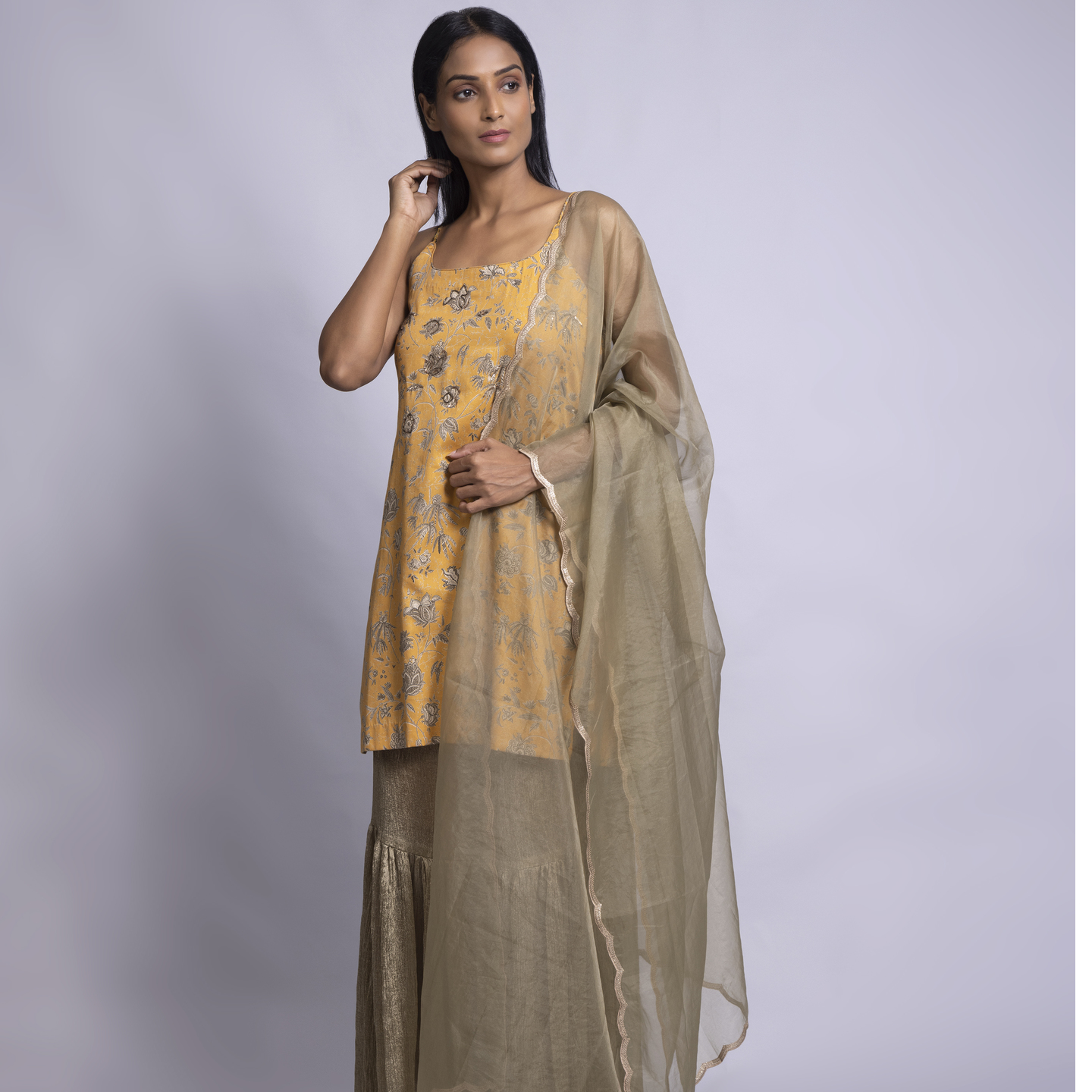 Strappy MUSTARD-YELLOW Tunic with matching Crinkled Sharara and Dupatta
