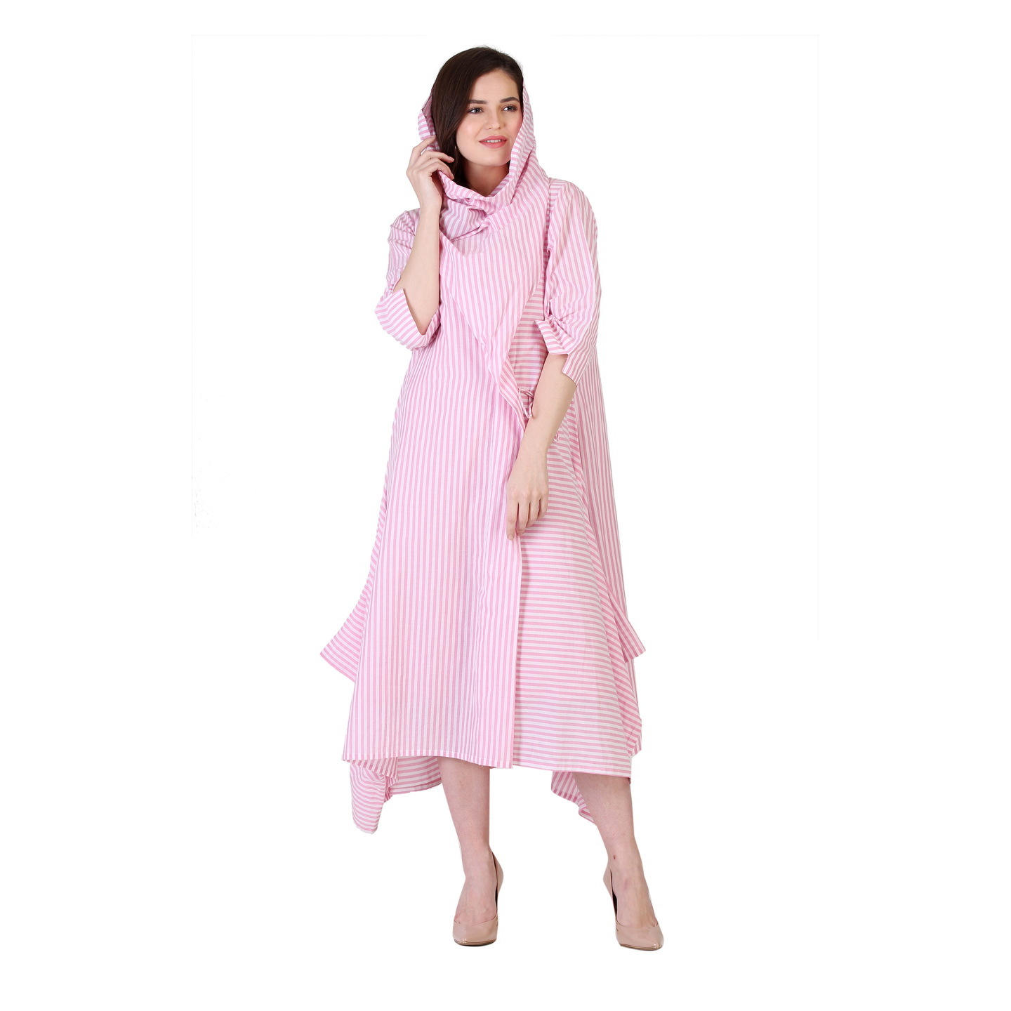 Pretty Pink-and-white striped Calf-length Cowl-Neck dress RMS746