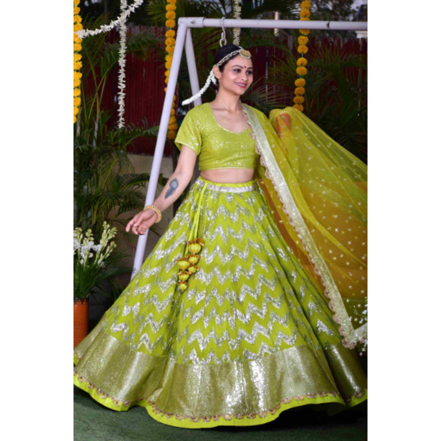 LIA Lusty Lime-green Georgette Lehenga set in dual coloured sequins chevron embroidery.