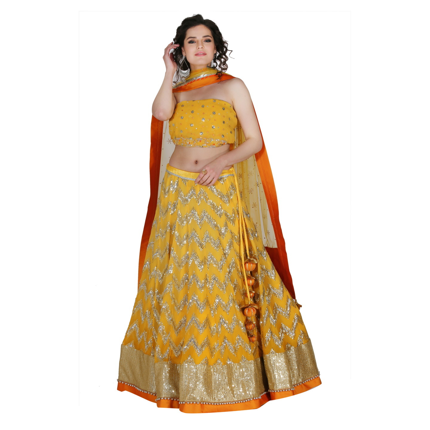 Georgette lehenga in Chevron embroidery is in double colours of  soft-silver and soft-gold RMS2251