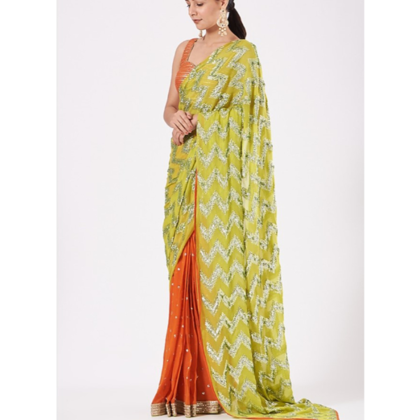 SASSY PRE PLEATED Colour blocked Georgette saree in Lime-green and Orange colours.