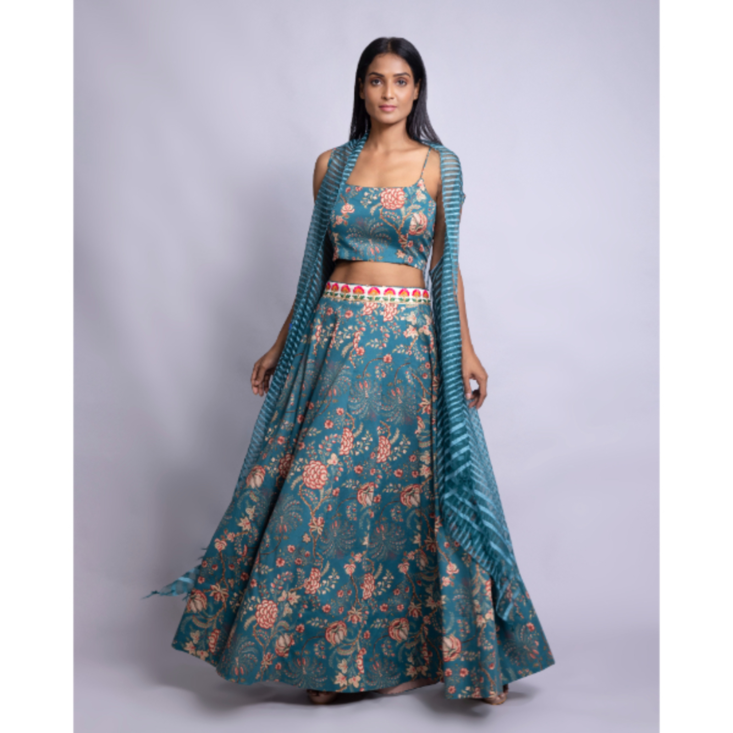 Long Skirt with crop-top and Cape set Stylish TURQUOISE coloured Skirt set.