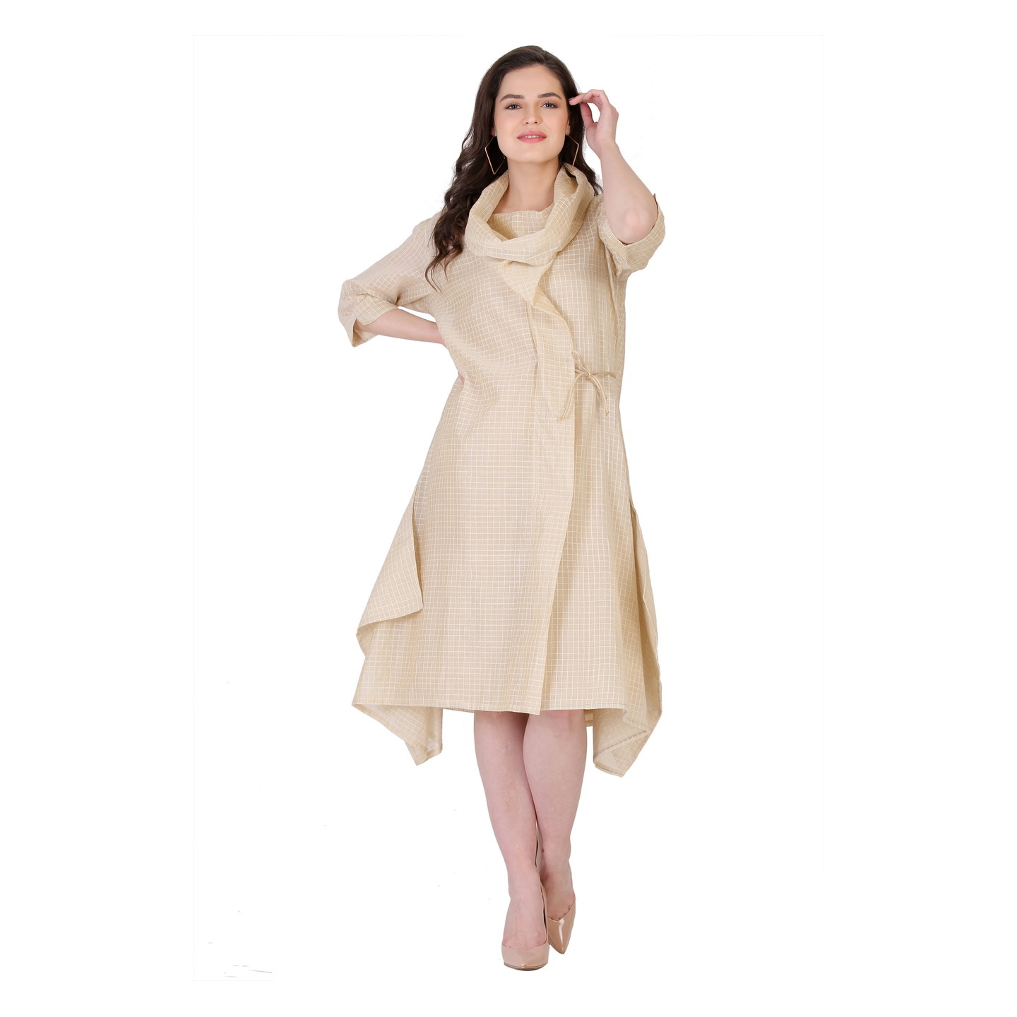 Beige coloured Calf-length cowl-Neck dress RMS721