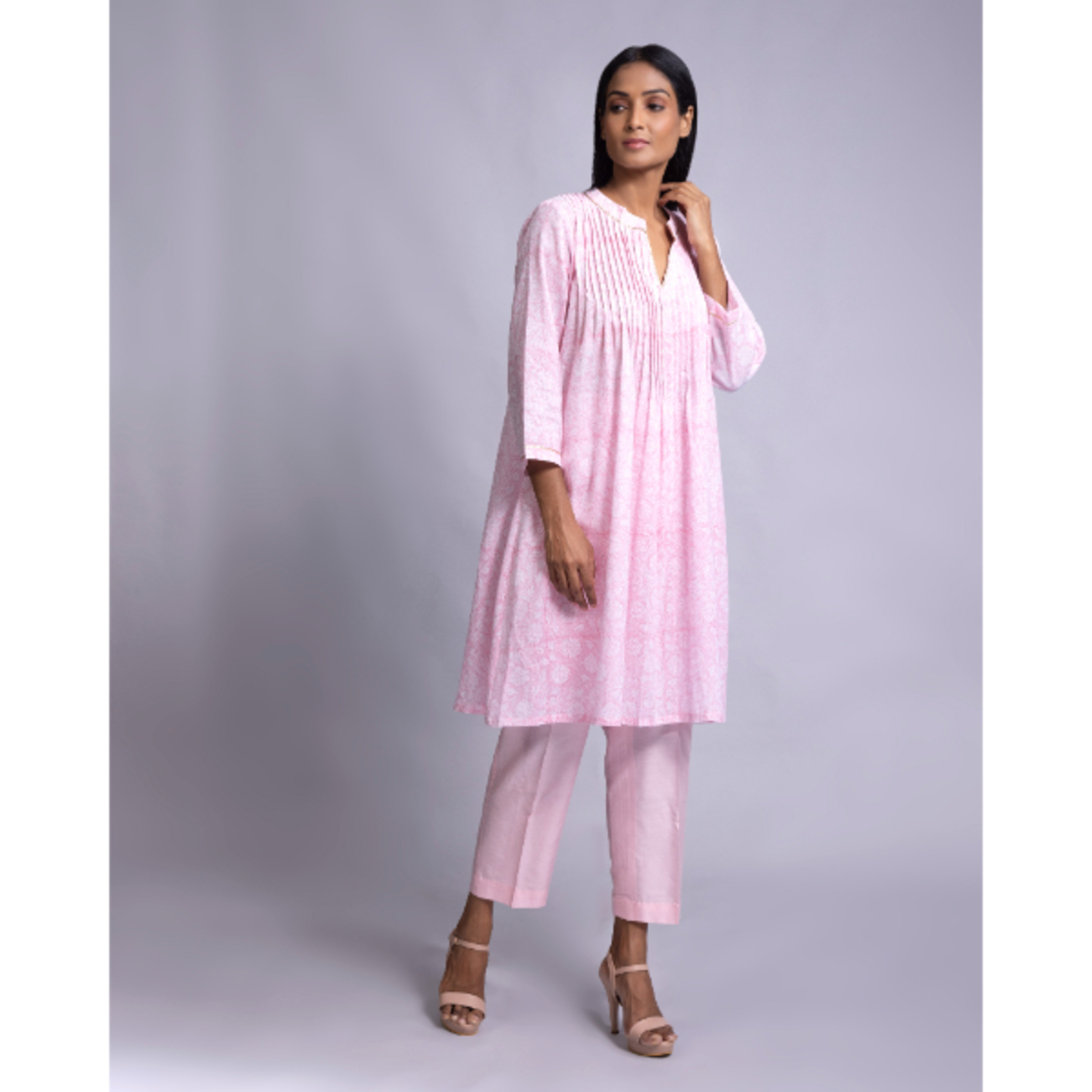 A pleated baby-Pink Kurta with Straight pants and Cotton Crinkle Dupatta