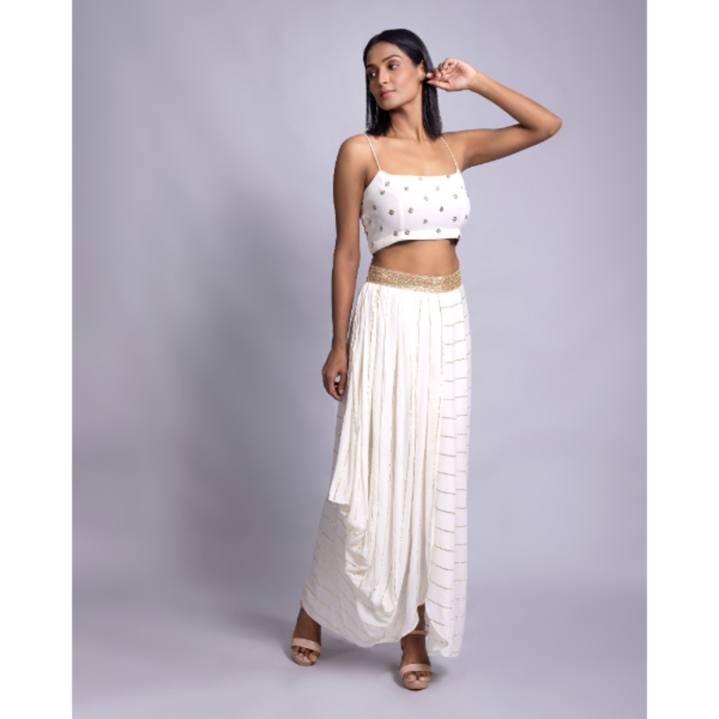 DHOTI STYLE PANTS WITH STRAPPY CROPTOP.  DUPATTA IS OPTIONAL. RMS1412