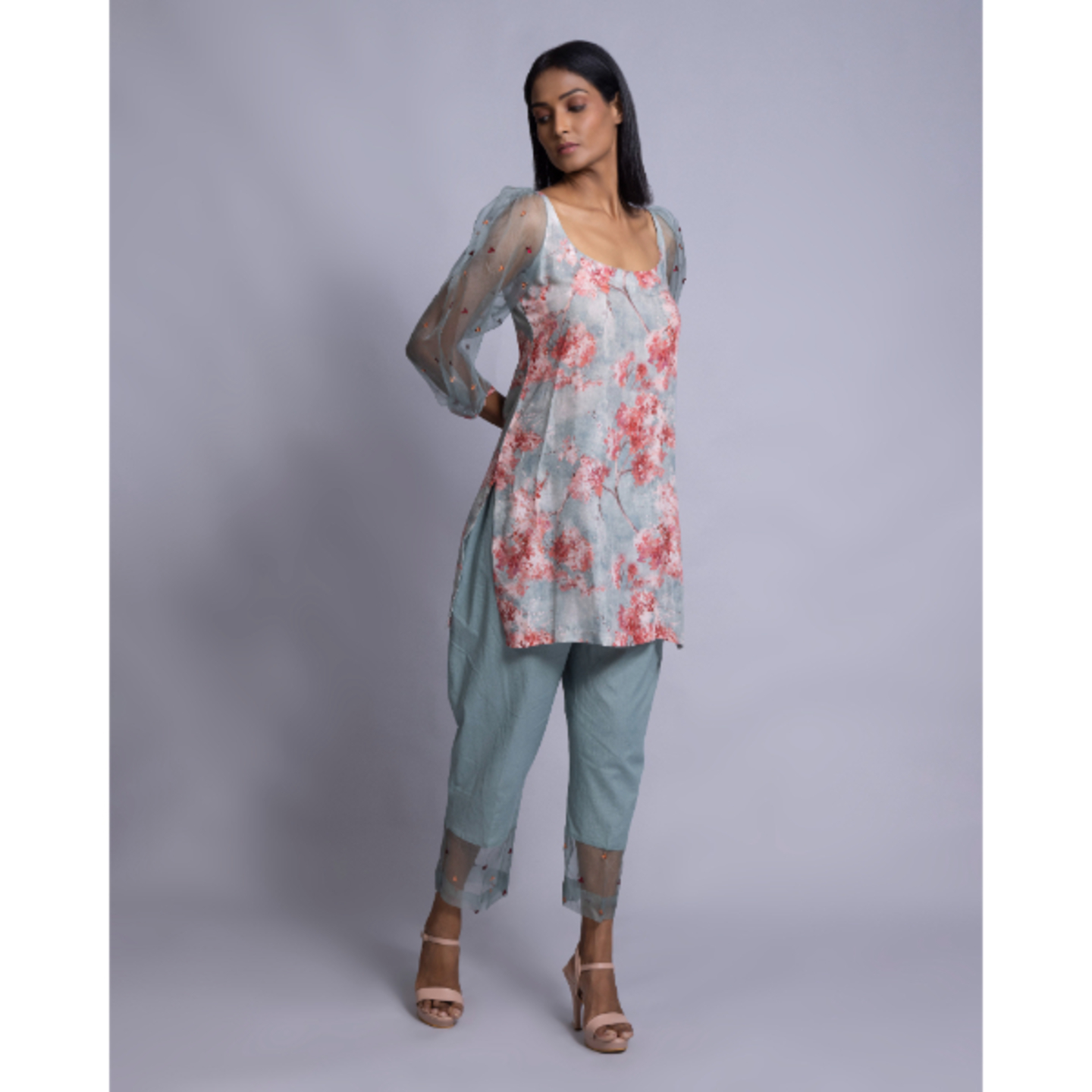 Medly of Dove-grey and Coral-red tunic with Straight pants and a dupatta