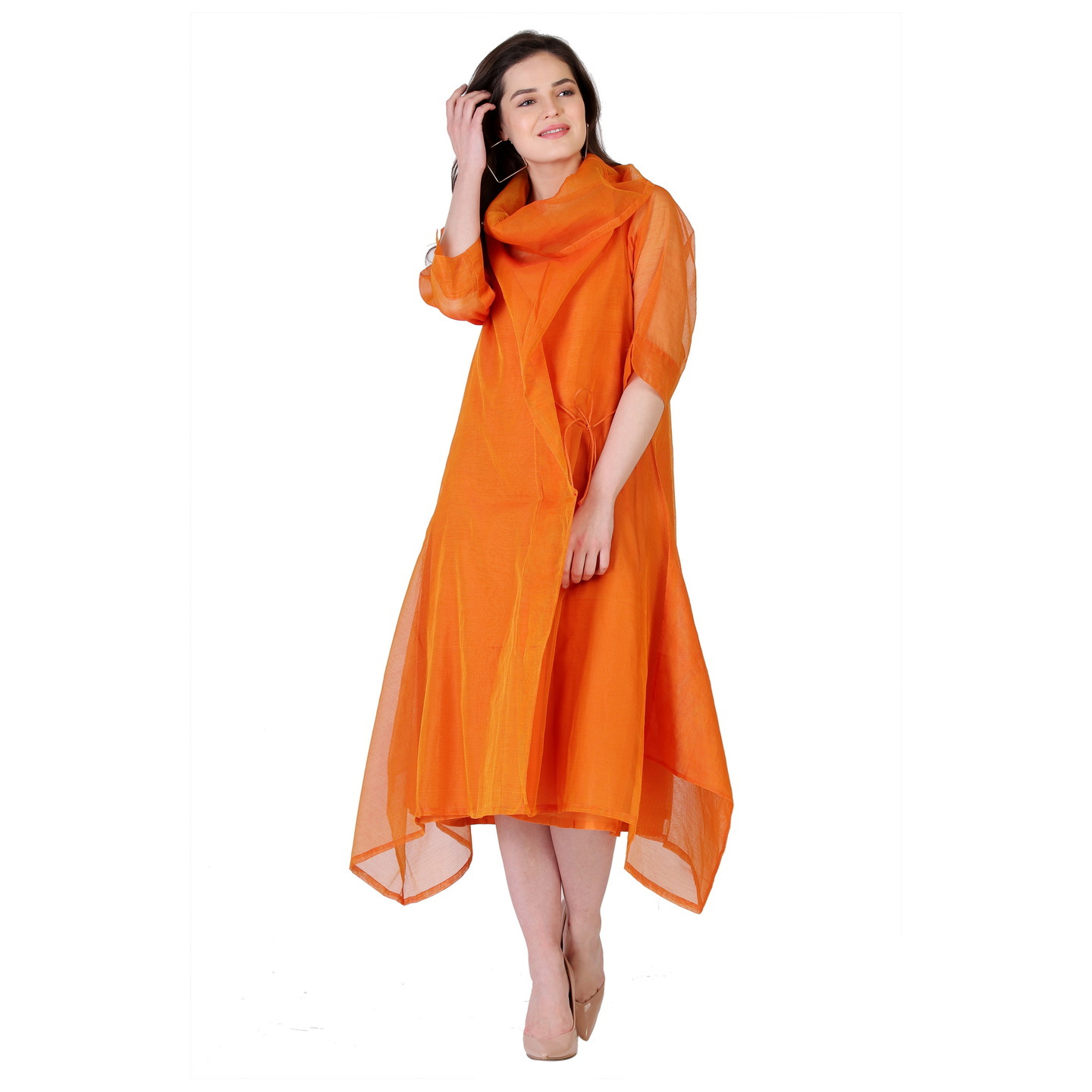 Magnificent Dual-coloured Rust-Orange Calf-length Cowl-Neck dress RMS764