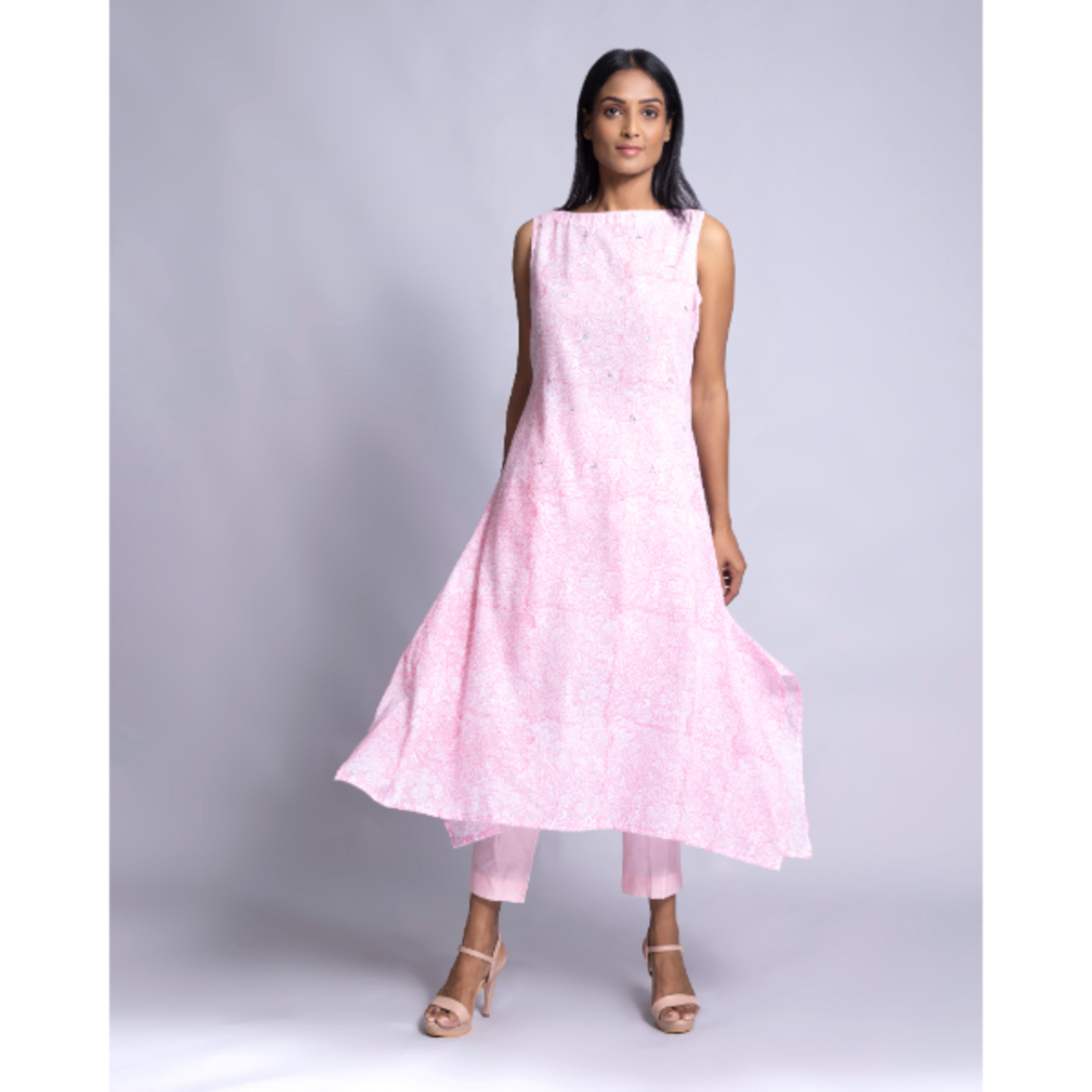 Baby-pink stylish boat-neck tunic with Straight pants and crushed cotton dupatta