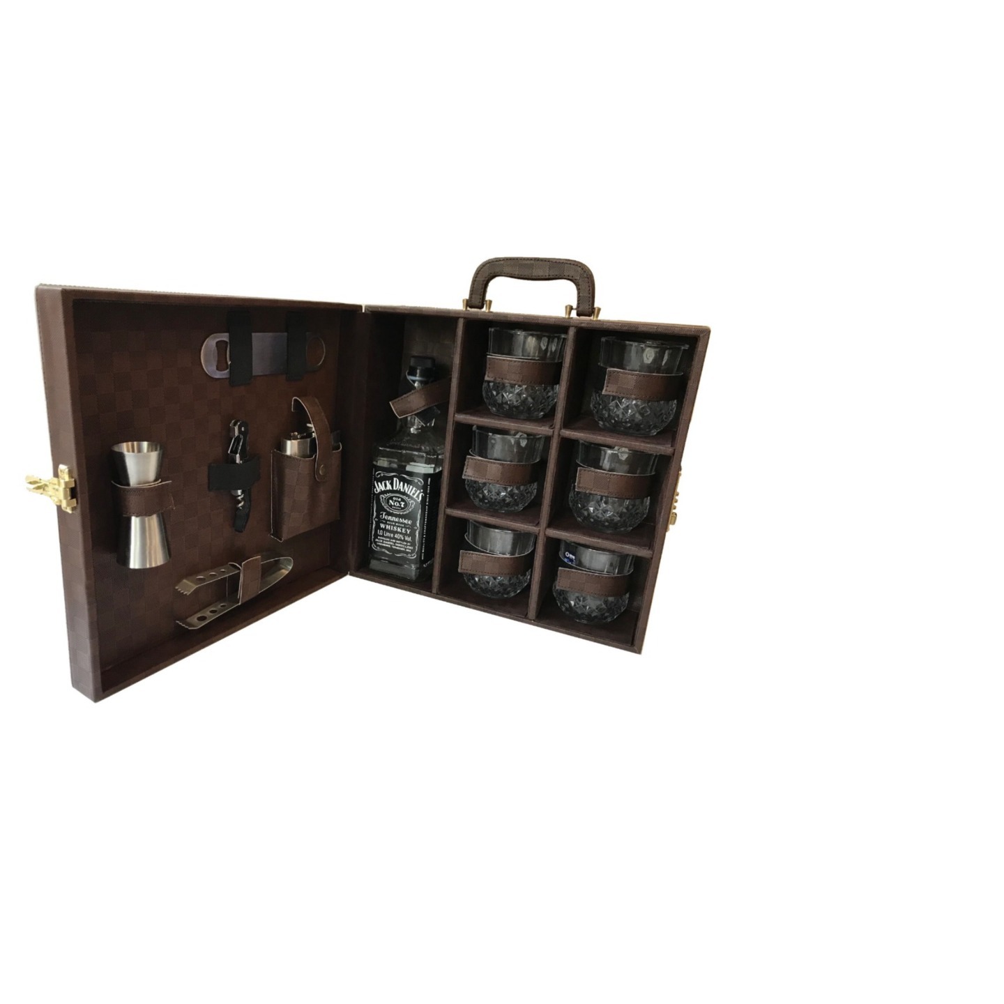 Brown Checked Leather Box Bar Set