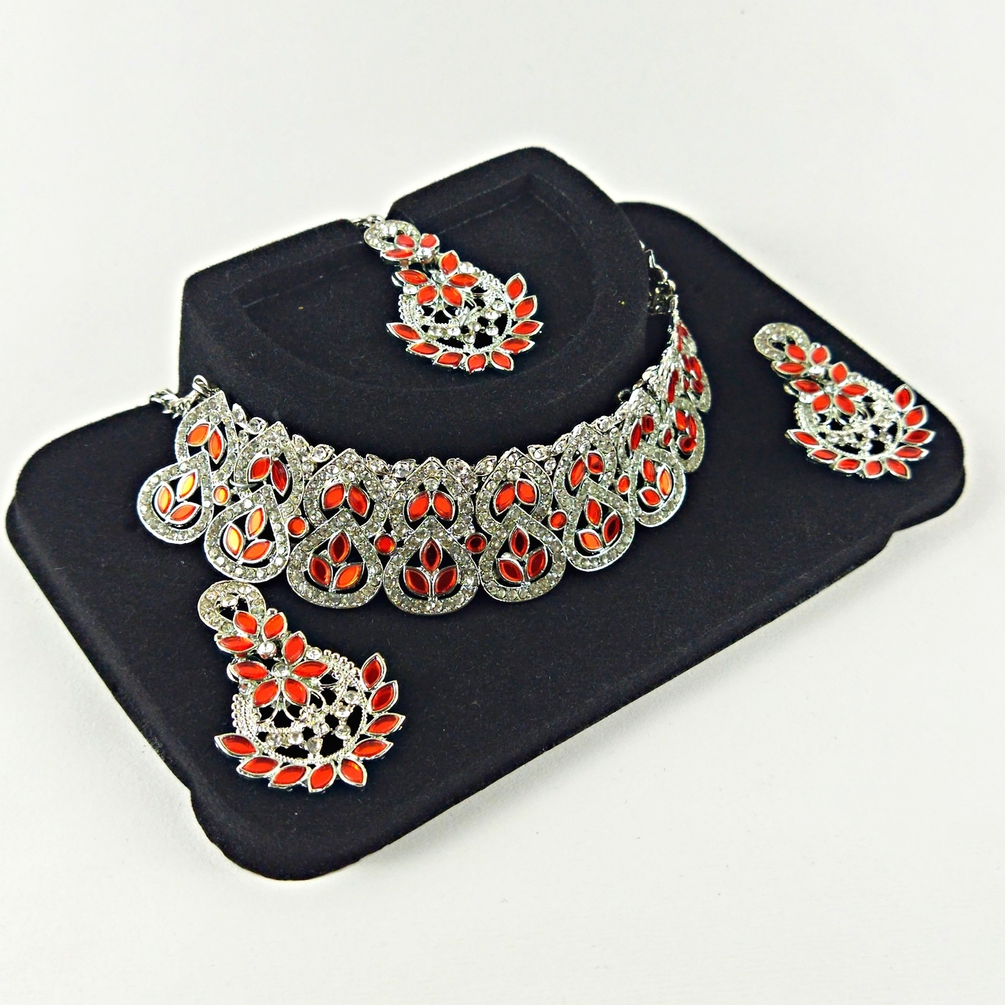 Red Silver Choker Necklace-Mirror Set