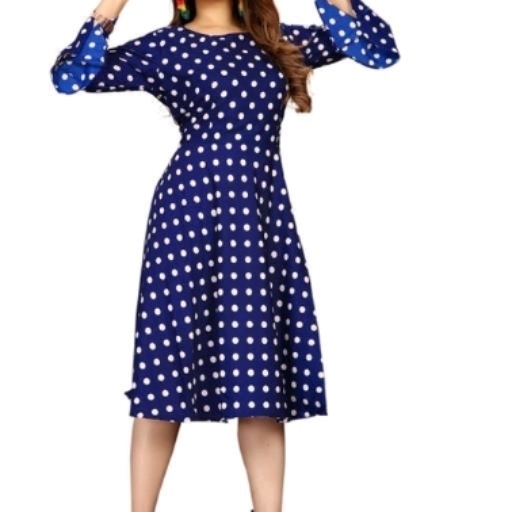 Printed Navy Blue Calf-Length Crepe Dress
