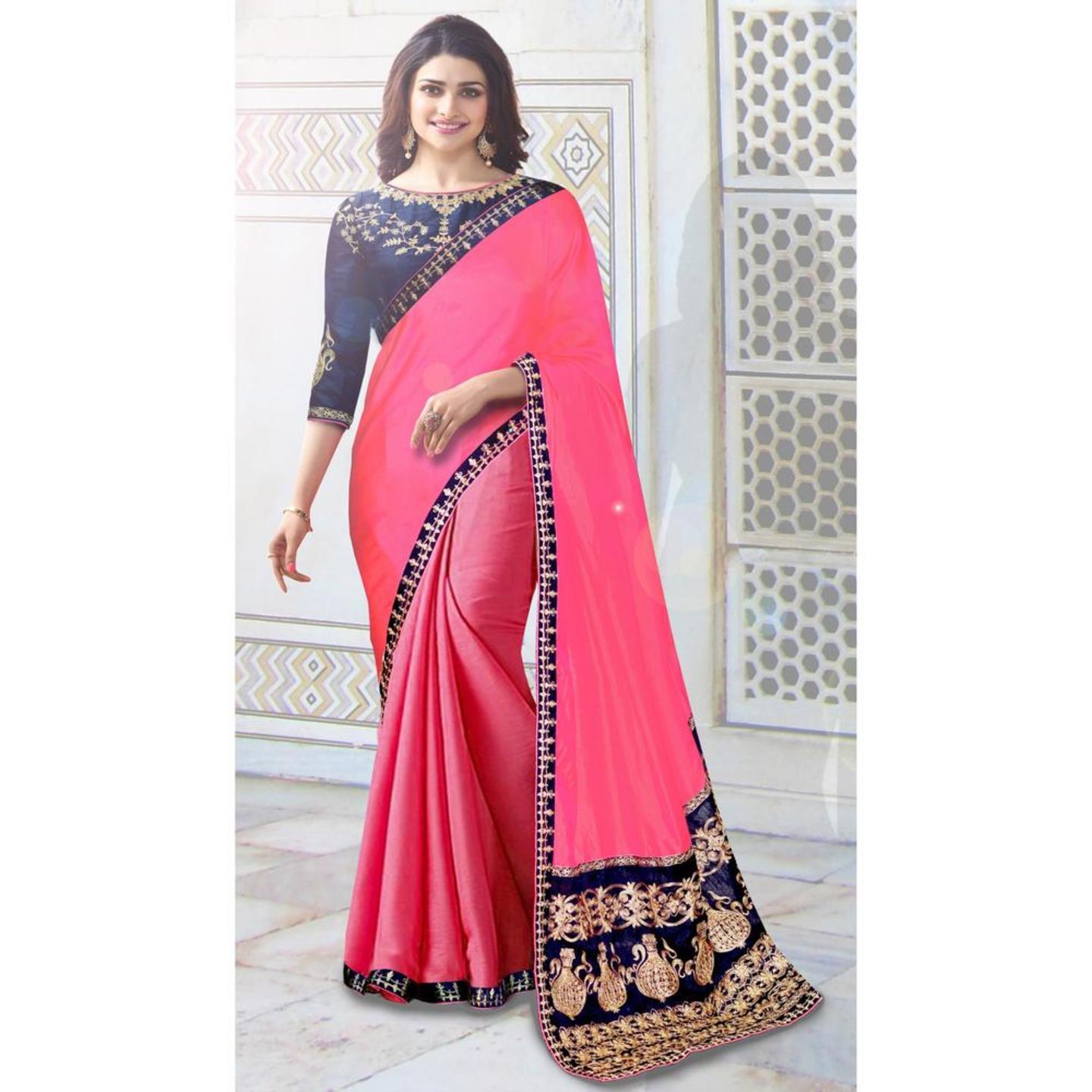 Robe Riche Pink Color Malai Silk Embroidery With Lace Saree