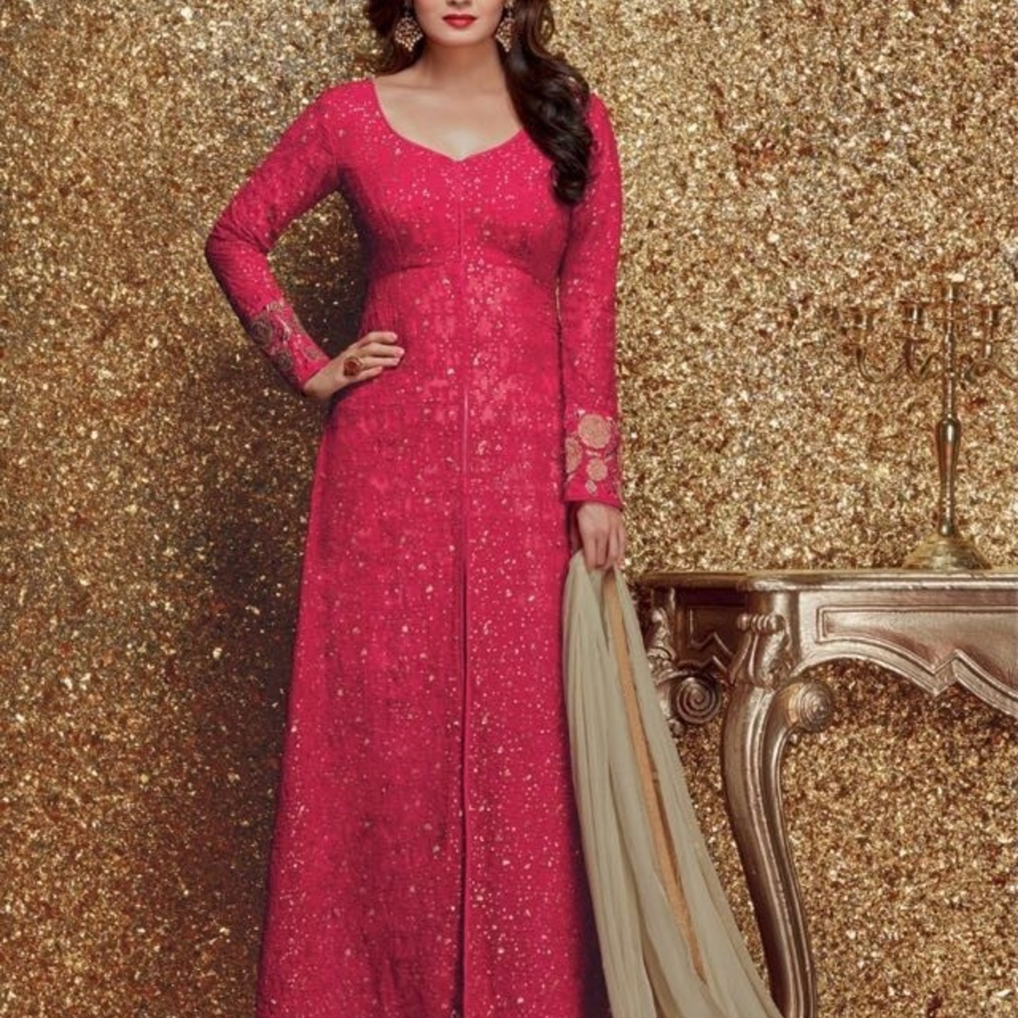 Robe Riche Pink Georgette Embroidered Semi-Stitched Salwar Suit 