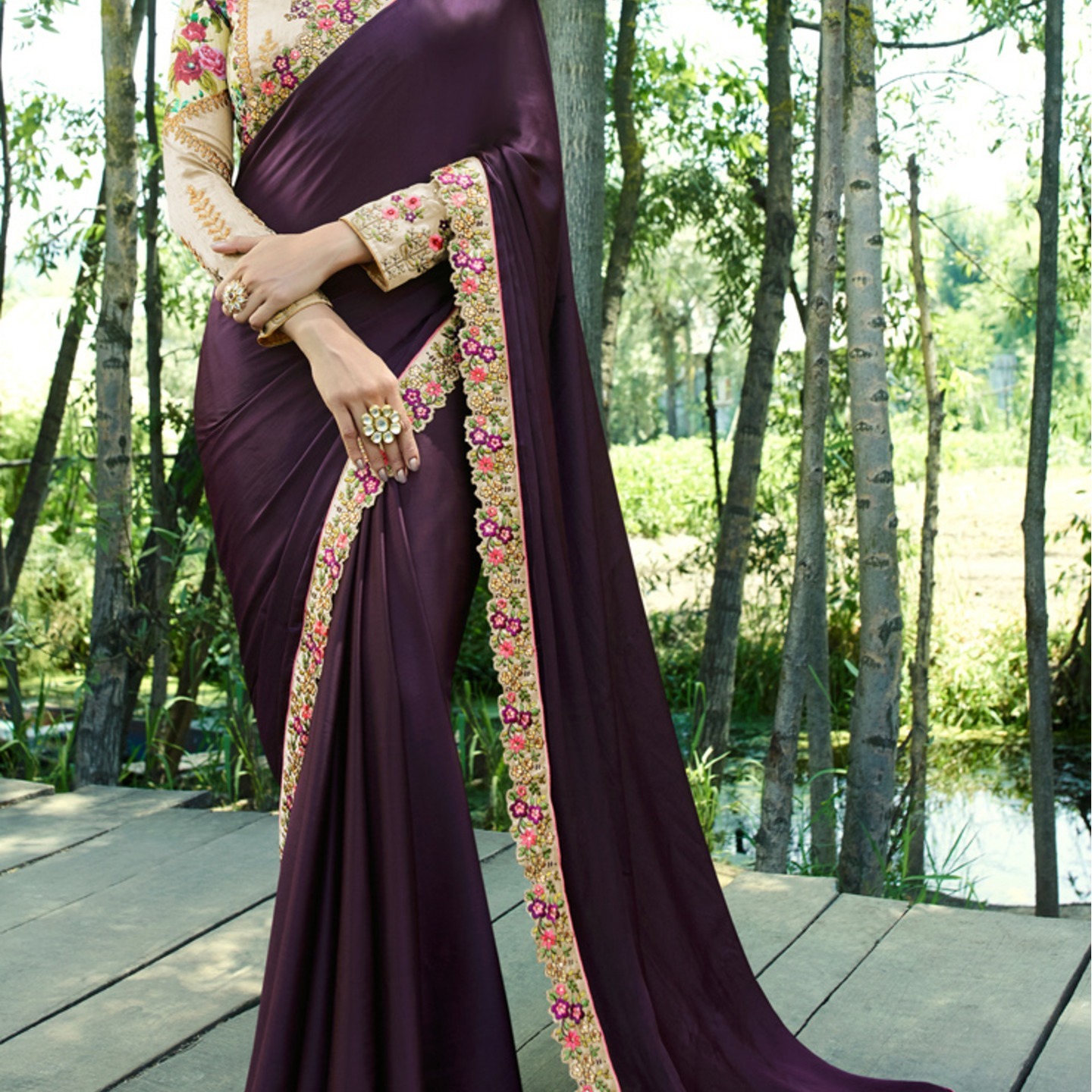 Robe Riche Dark Purple Color Silk Plain lace work Embroidered Saree 