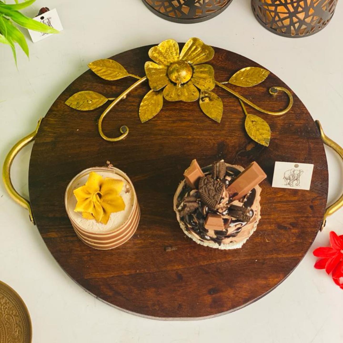 Wooden Platter With Metal Flower