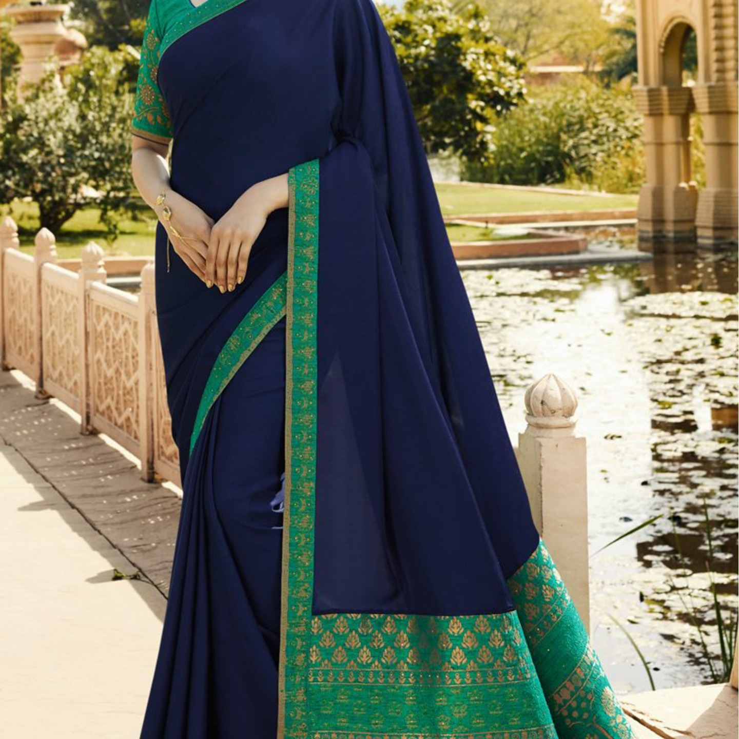Robe Riche Multi Colored Georgette Jacquard Pallu Embroidered Saree 