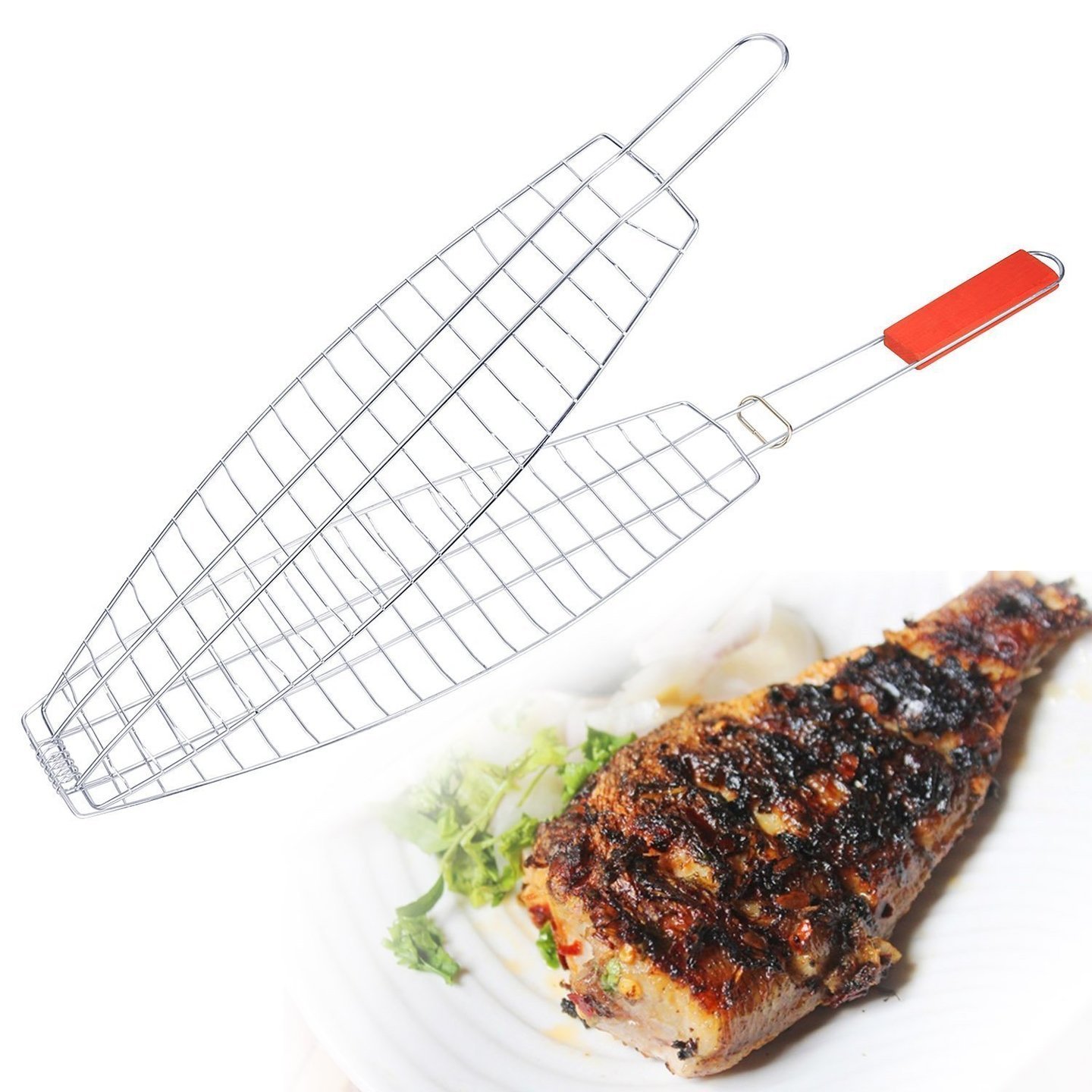 JonPrix Fish Barbecue Grill Net Basket with Wooden Handle